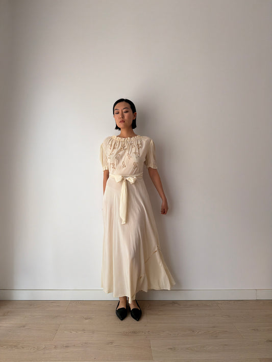 1930s Bridal Ivory Embroidered Gown, Pure Silk Wedding Dress In Puff Sleeve, Wrap Back, Tie Waist