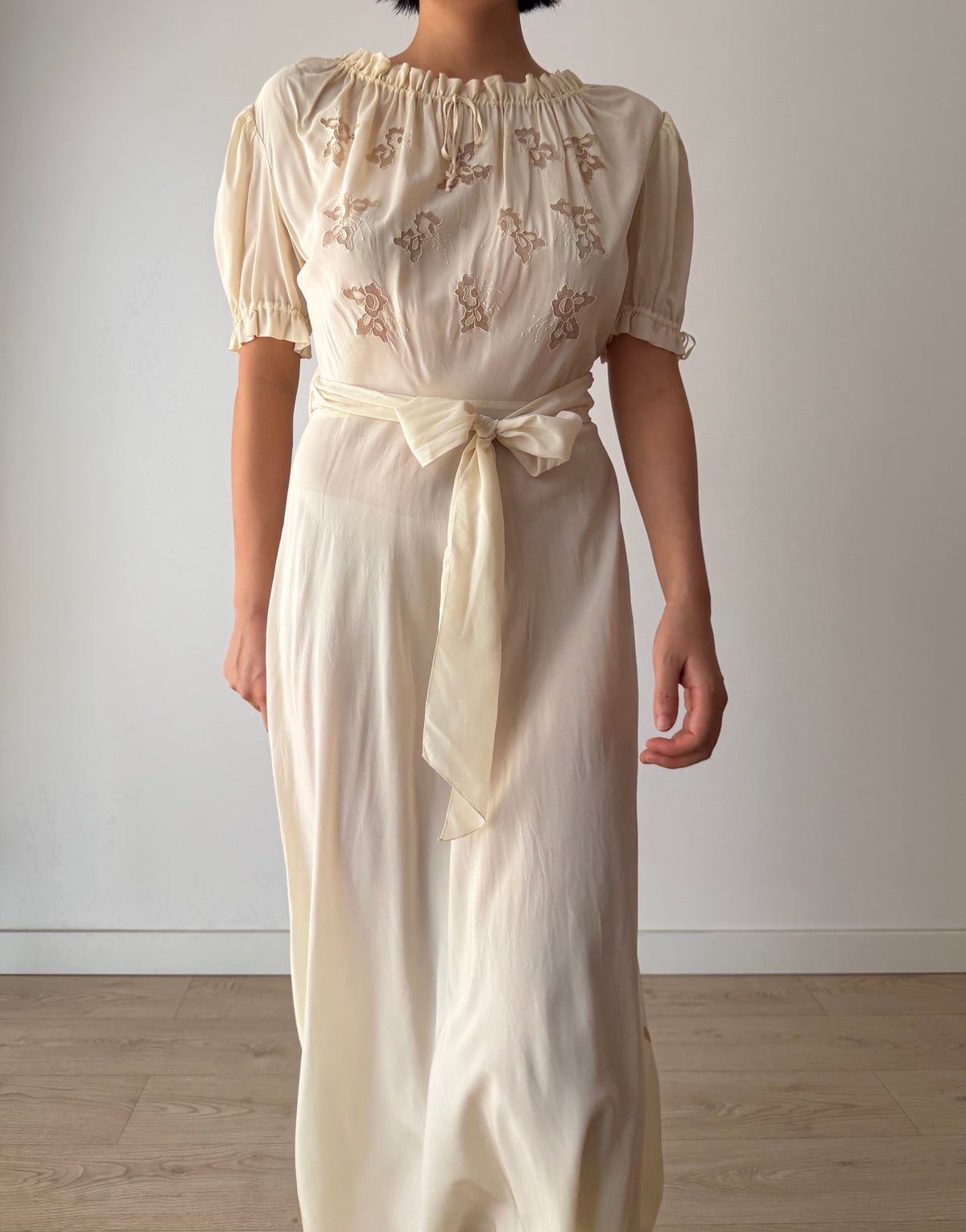 1930s Bridal Ivory Embroidered Gown, Pure Silk Wedding Dress In Puff Sleeve, Wrap Back, Tie Waist