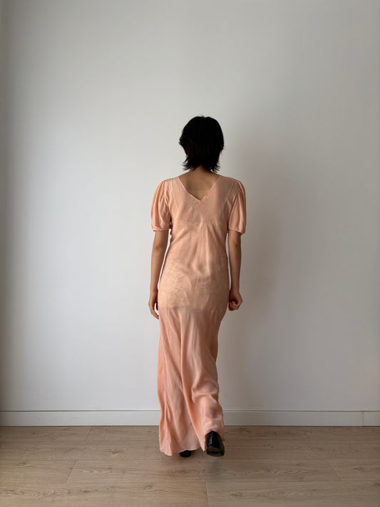 1930s pink silk dress with puff sleeve