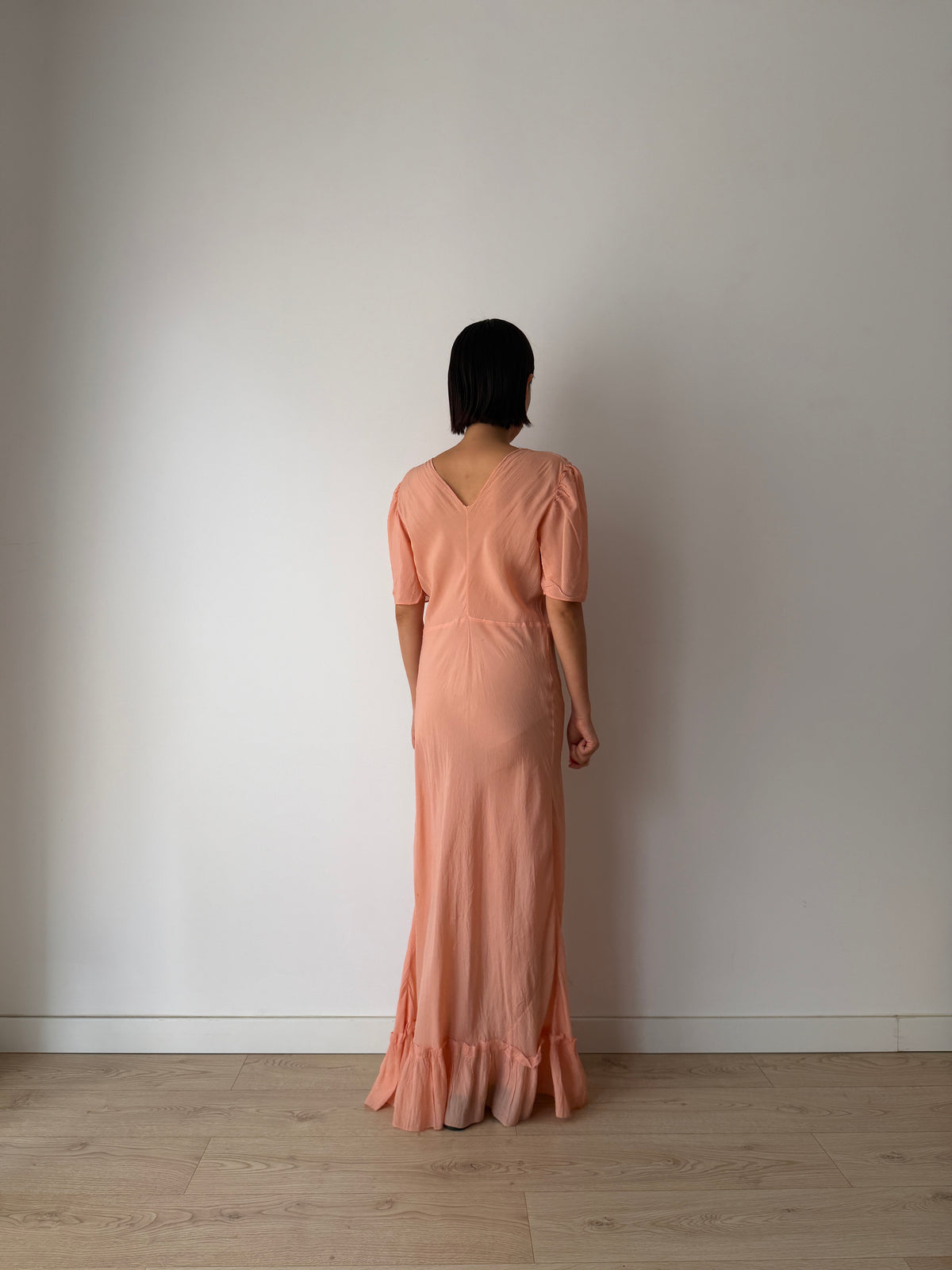 1930s Silk Crepe Gown | Peach Bias Cut Maxi Dress | 1930s Lace Bust Evening Dress
