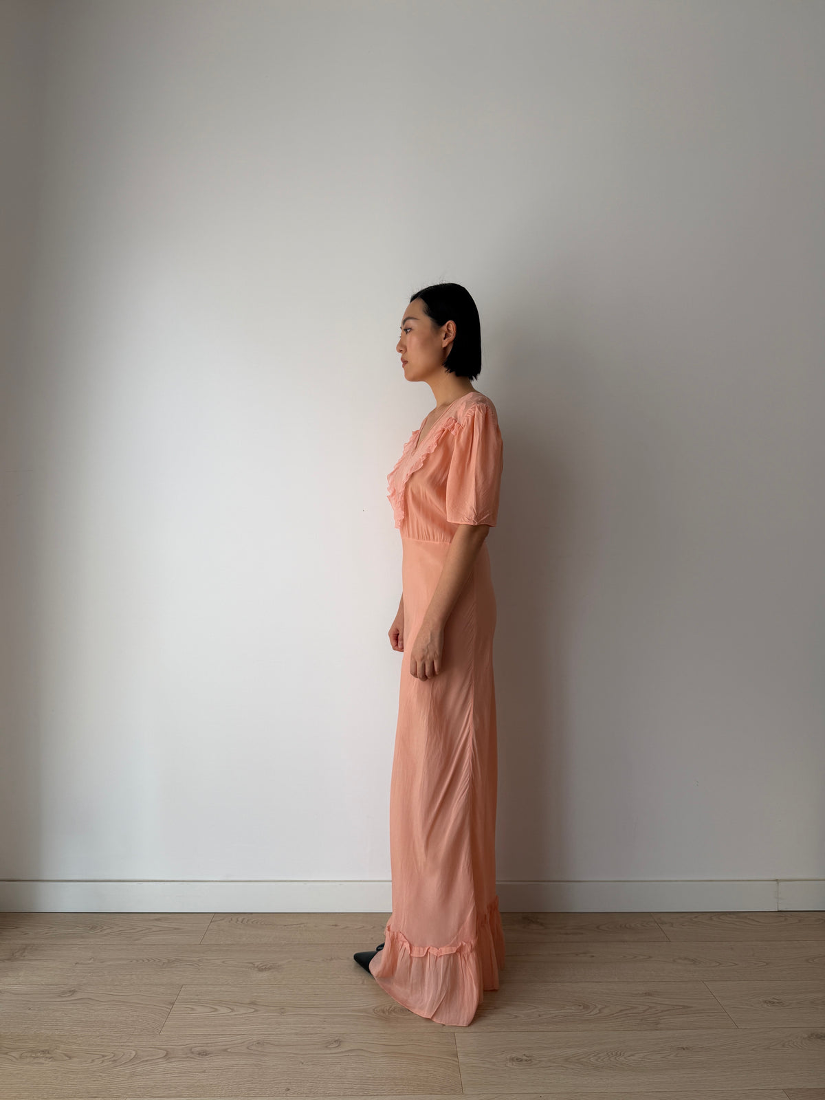 1930s Silk Crepe Gown | Peach Bias Cut Maxi Dress | 1930s Lace Bust Evening Dress
