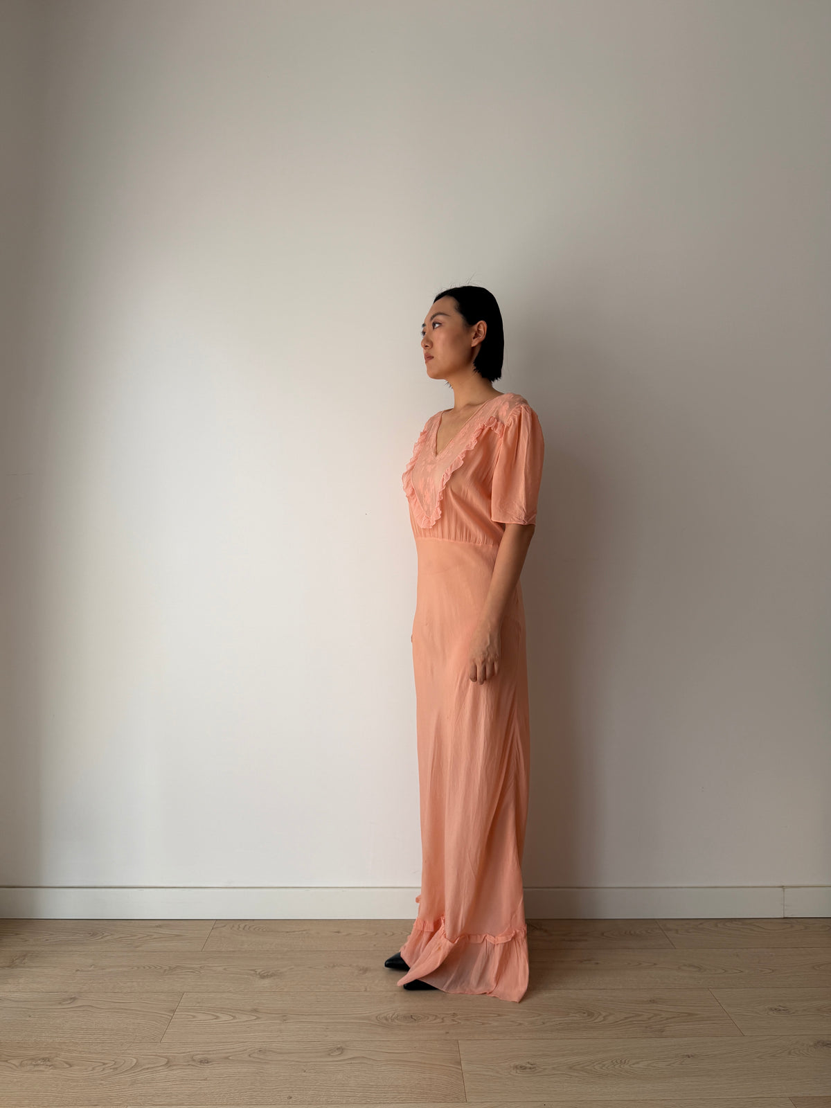 1930s Silk Crepe Gown | Peach Bias Cut Maxi Dress | 1930s Lace Bust Evening Dress