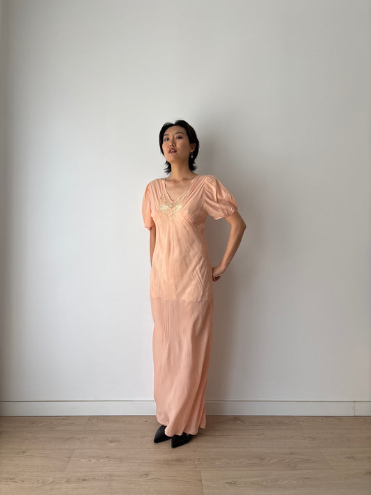 1930s pink silk dress with puff sleeve