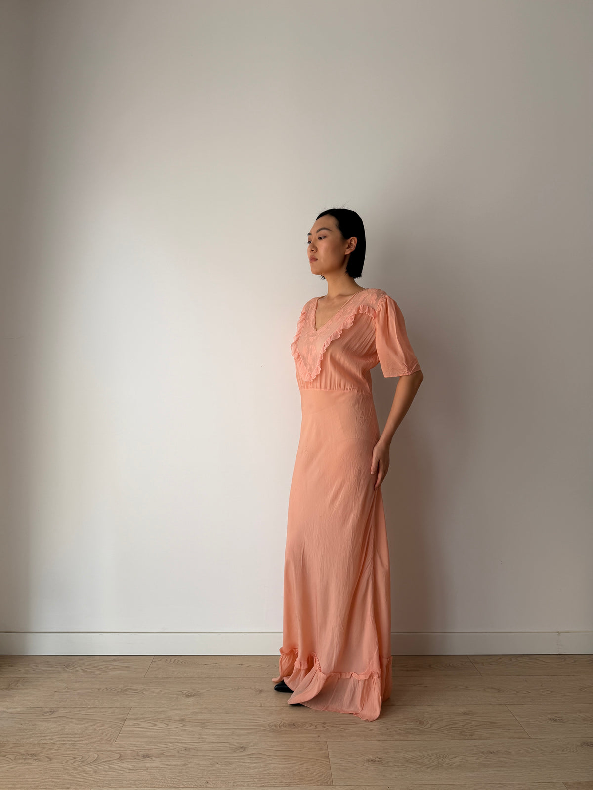 1930s Silk Crepe Gown | Peach Bias Cut Maxi Dress | 1930s Lace Bust Evening Dress