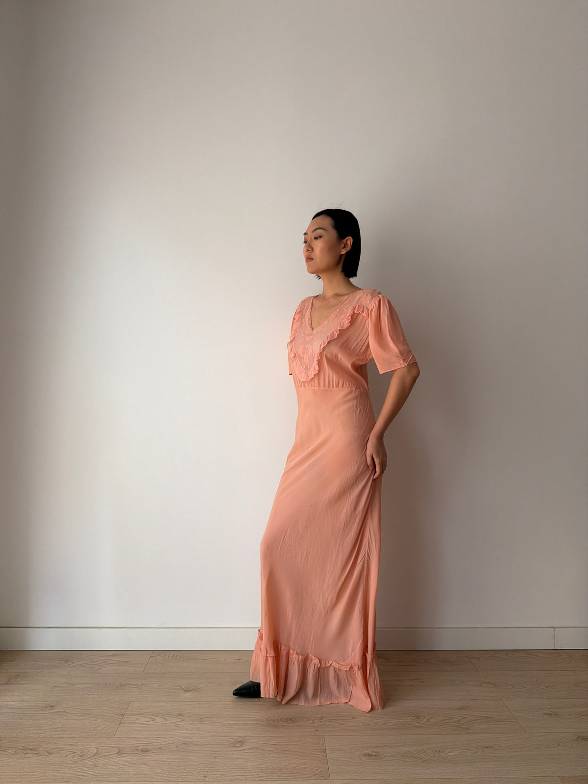 1930s Silk Crepe Gown | Peach Bias Cut Maxi Dress | 1930s Lace Bust Evening Dress