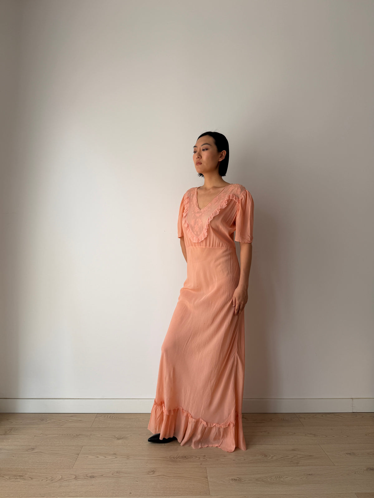 1930s Silk Crepe Gown | Peach Bias Cut Maxi Dress | 1930s Lace Bust Evening Dress