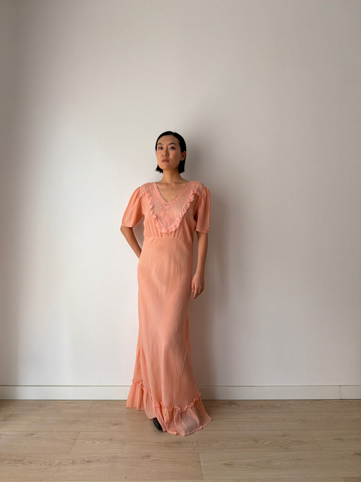 1930s Silk Crepe Gown | Peach Bias Cut Maxi Dress | 1930s Lace Bust Evening Dress