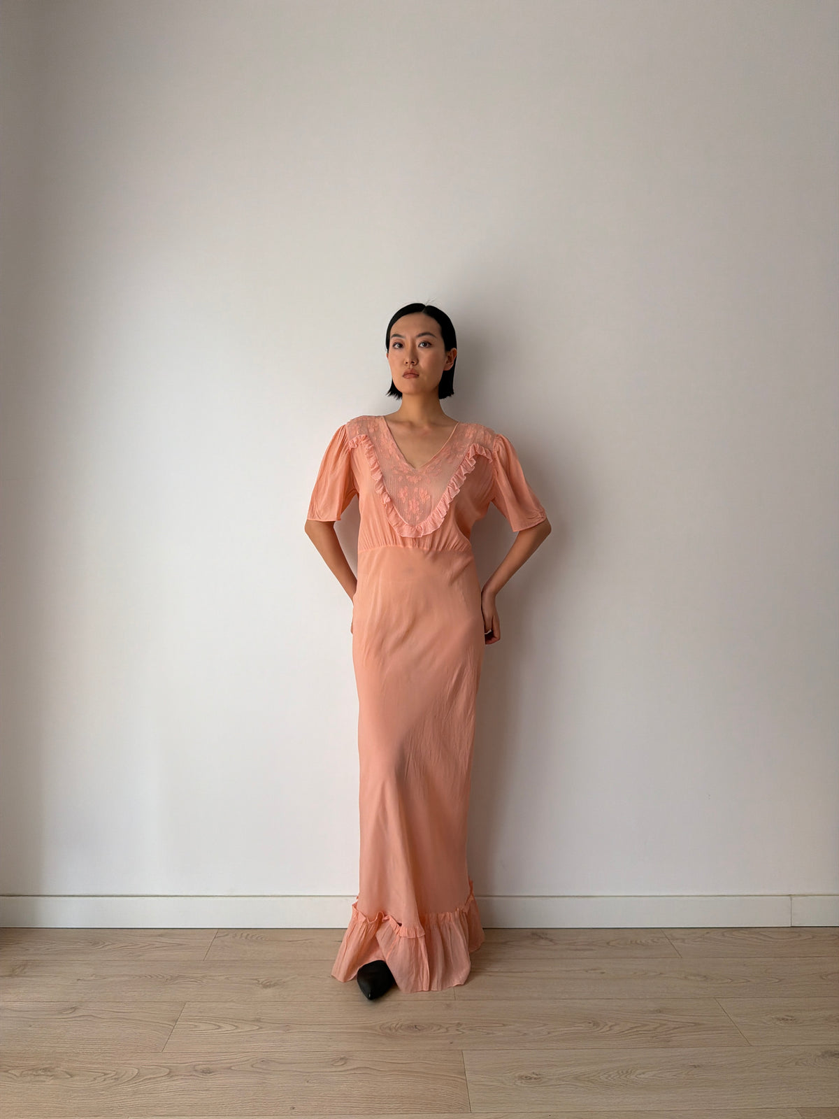 1930s Silk Crepe Gown | Peach Bias Cut Maxi Dress | 1930s Lace Bust Evening Dress