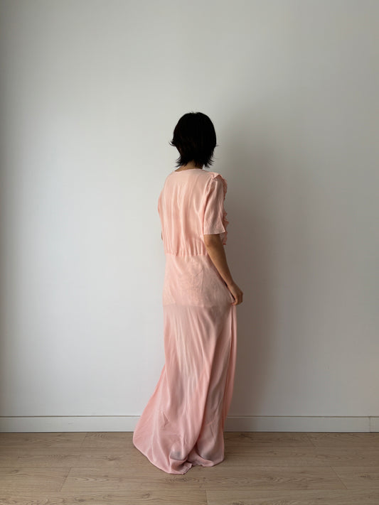 Vintage 1930s Pink Pure Silk Crepe Gown, Embroidered Maxi Dress