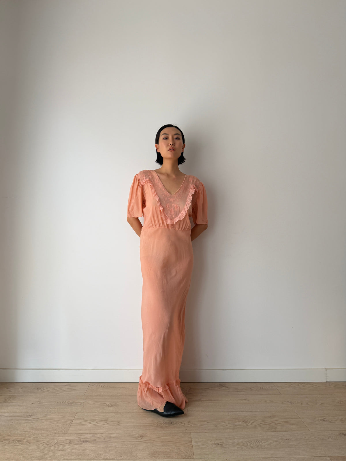 1930s Silk Crepe Gown | Peach Bias Cut Maxi Dress | 1930s Lace Bust Evening Dress