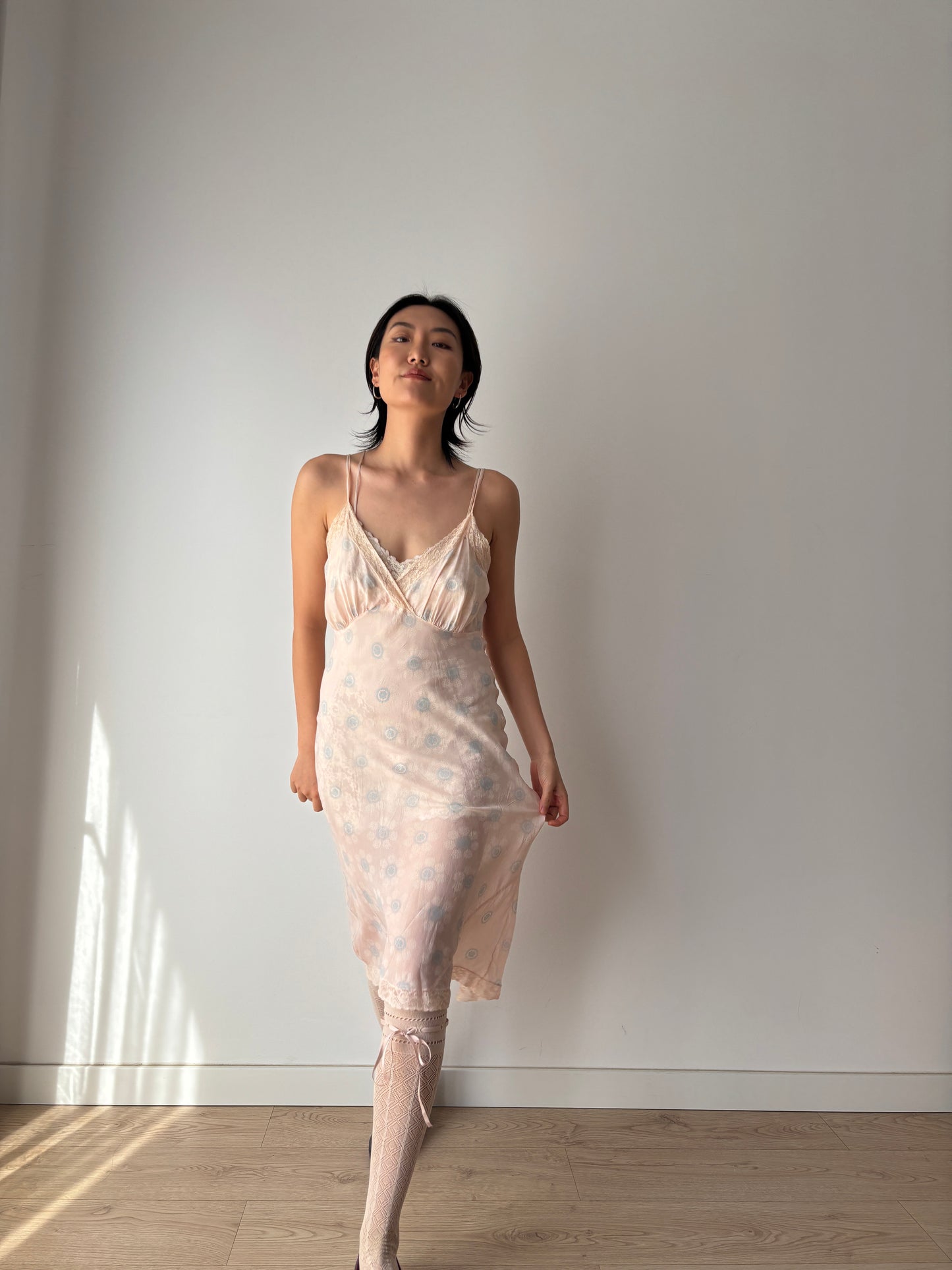 1940s Antique Blue & Pink Silk Slip Dress