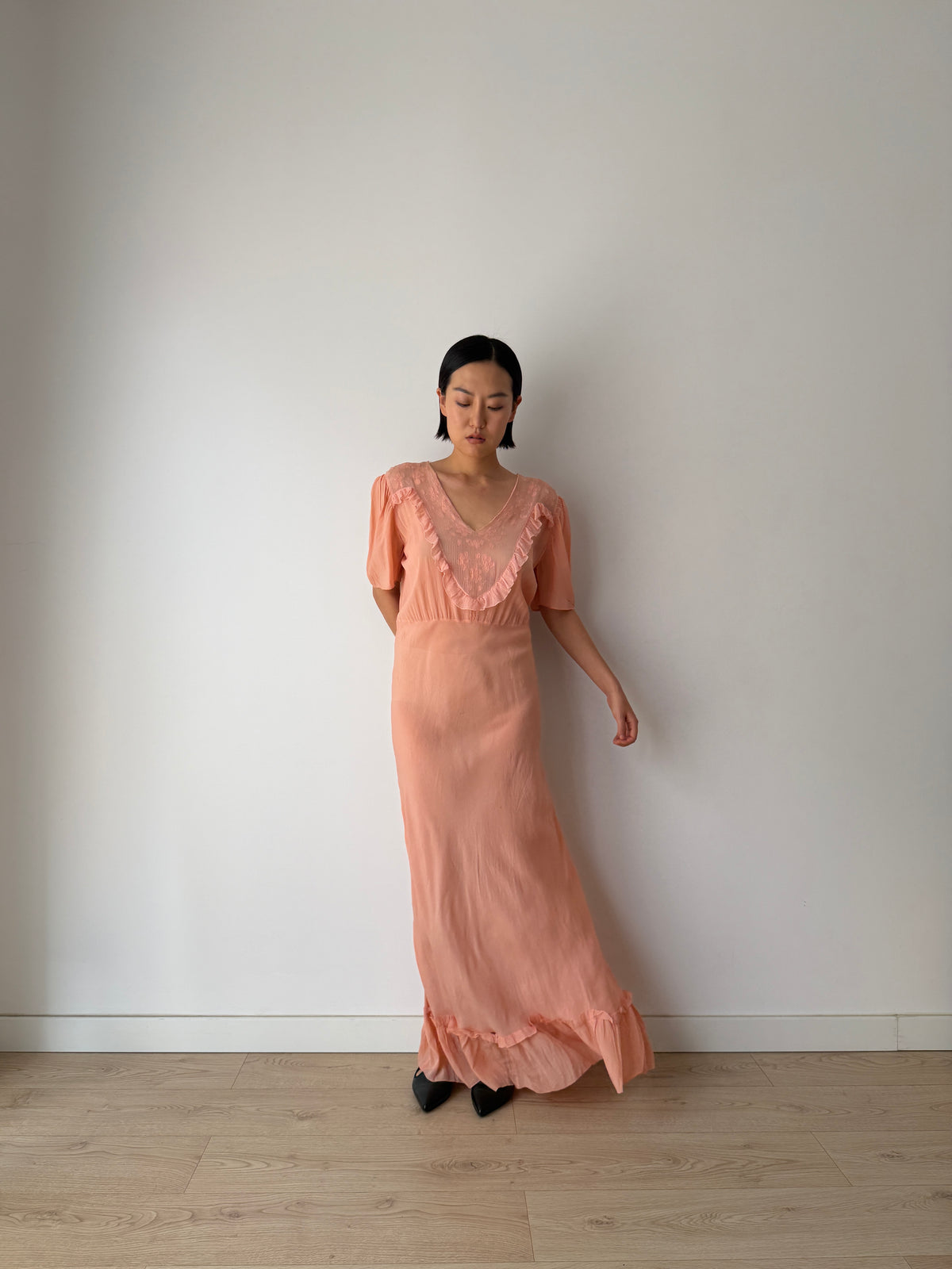 1930s Silk Crepe Gown | Peach Bias Cut Maxi Dress | 1930s Lace Bust Evening Dress
