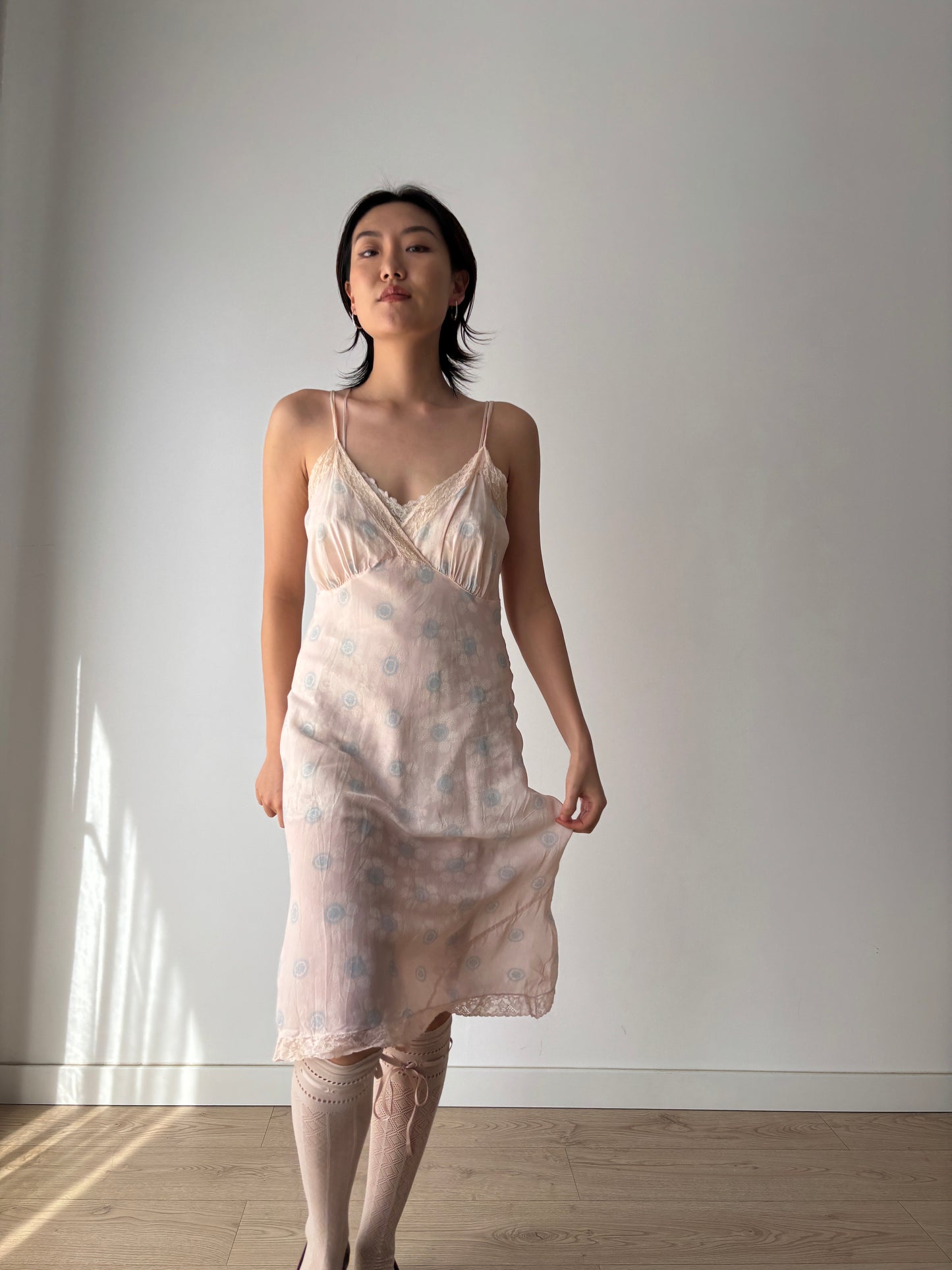 1940s Antique Blue & Pink Silk Slip Dress