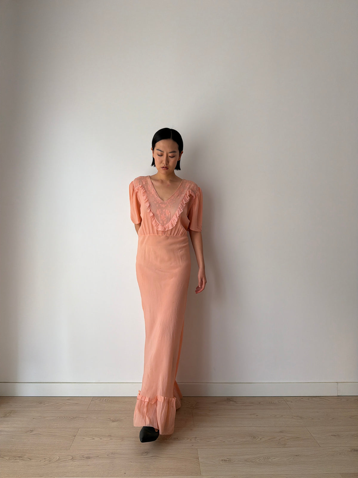 1930s Silk Crepe Gown | Peach Bias Cut Maxi Dress | 1930s Lace Bust Evening Dress