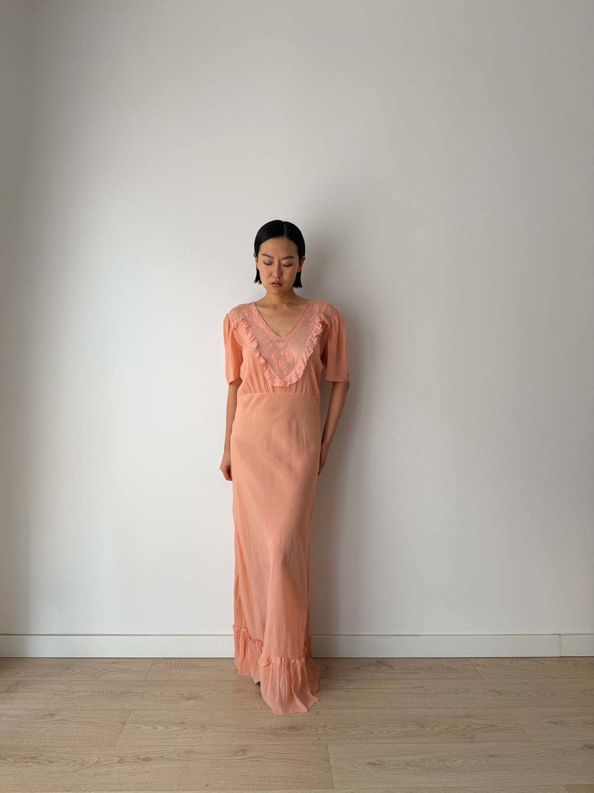 1930s Silk Crepe Gown | Peach Bias Cut Maxi Dress | 1930s Lace Bust Evening Dress