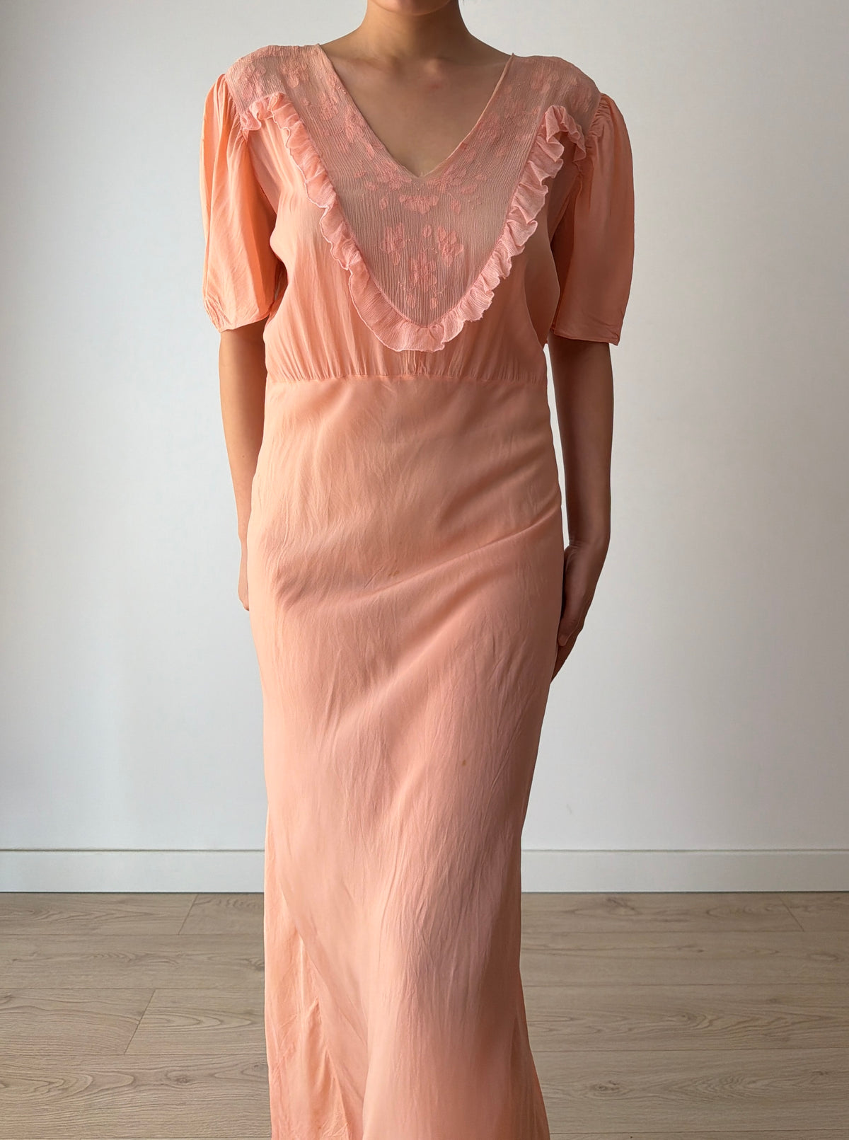 1930s Silk Crepe Gown | Peach Bias Cut Maxi Dress | 1930s Lace Bust Evening Dress