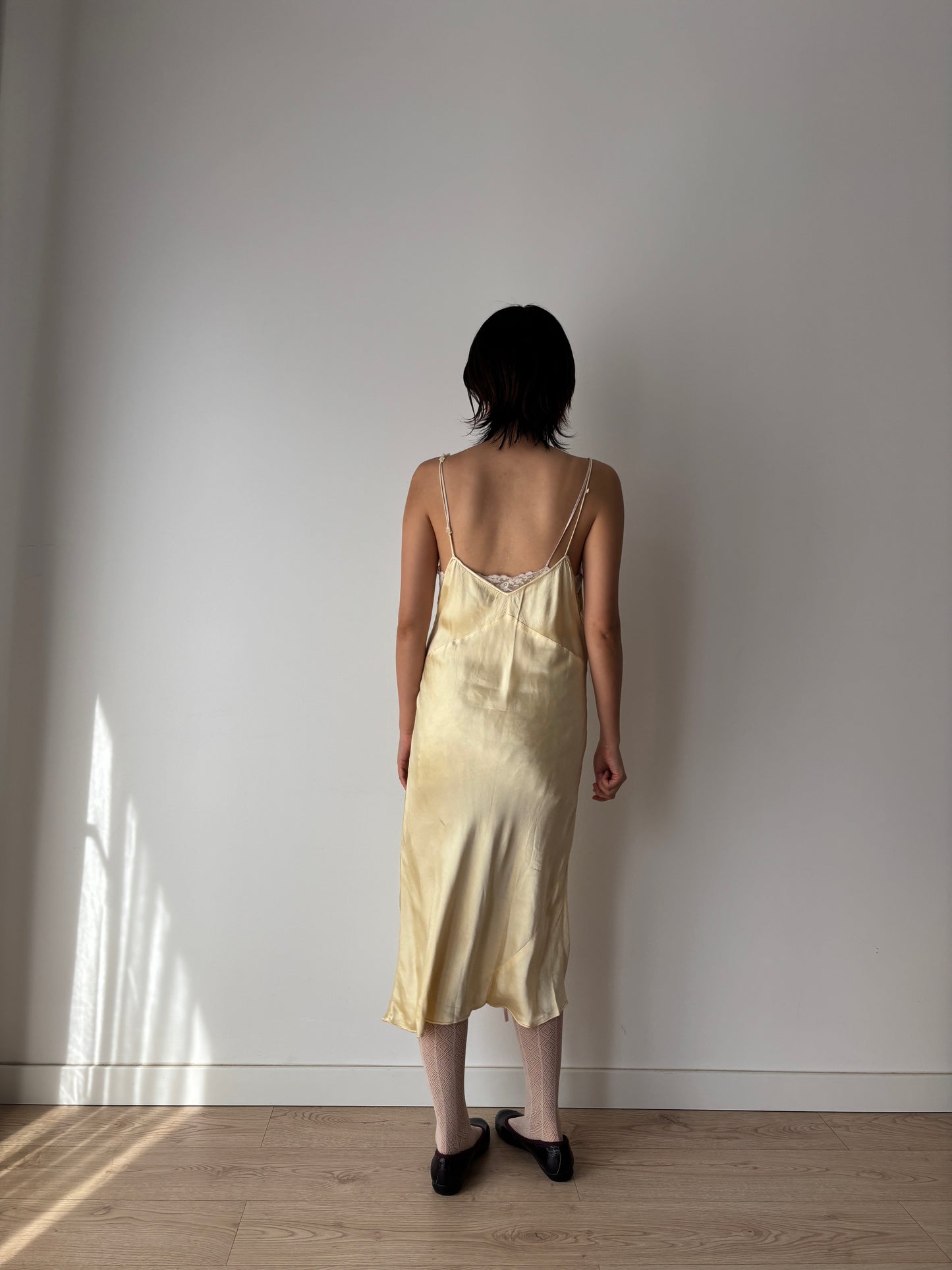 1930s–1940s Antique Yellow Silk Slip Dress – Liquid Silk Mini with Lace