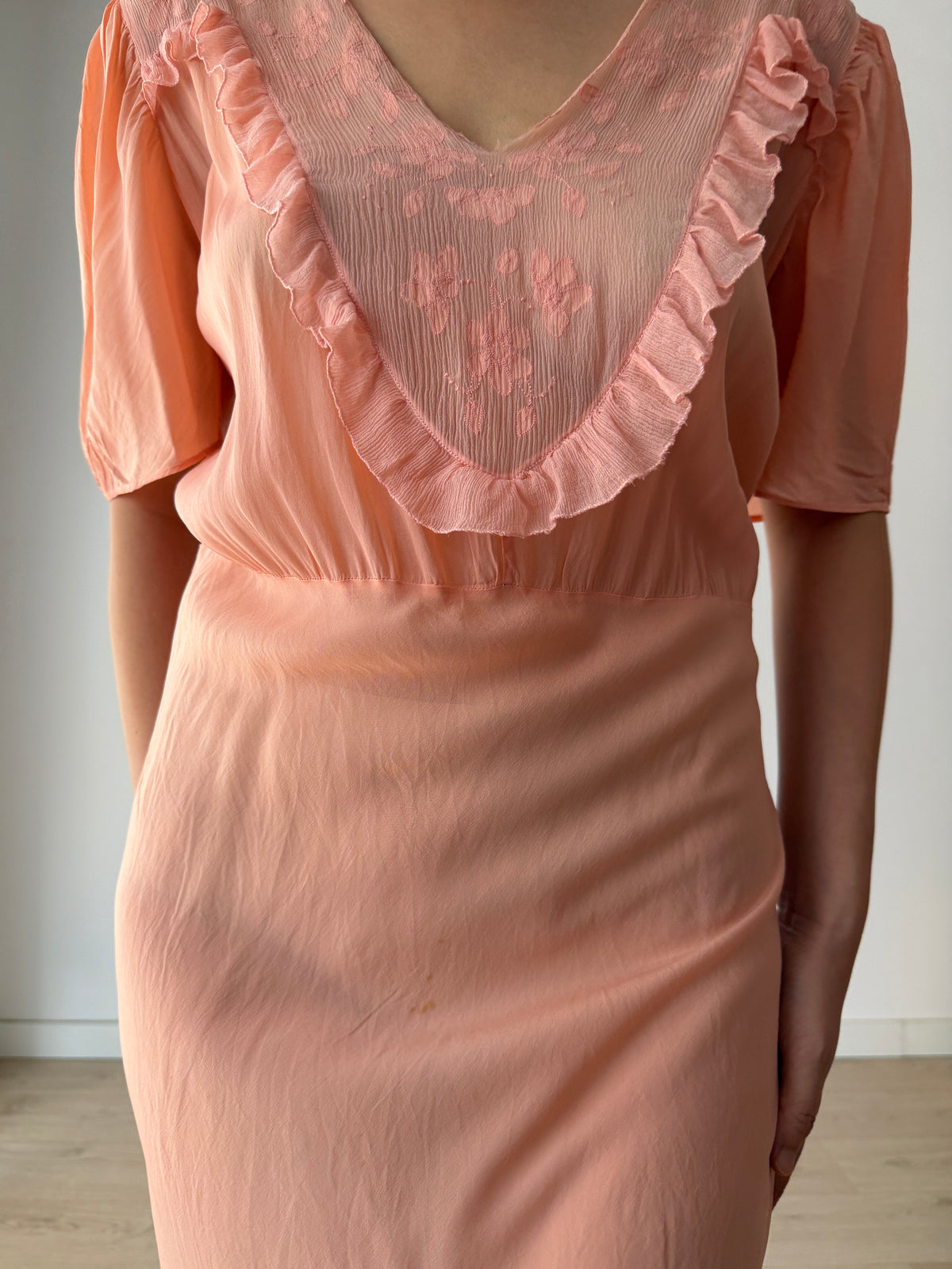 1930s Silk Crepe Gown | Peach Bias Cut Maxi Dress | 1930s Lace Bust Evening Dress