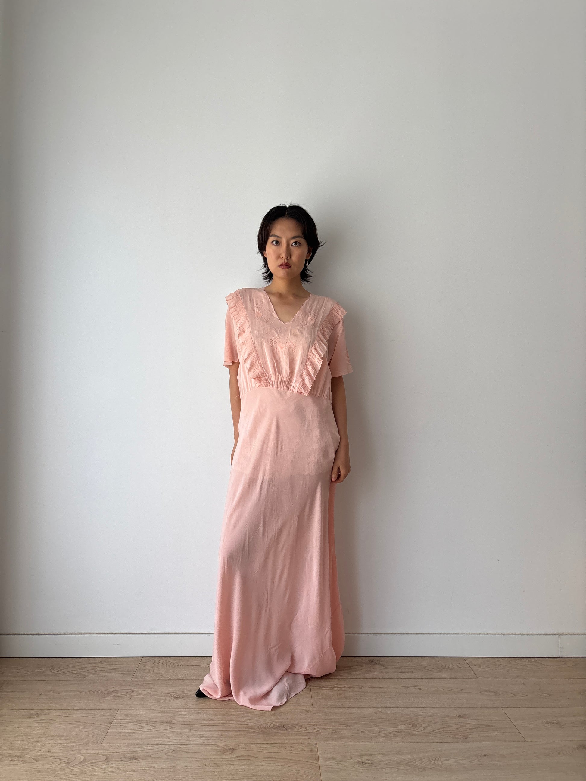 Vintage 1930s Pink Pure Silk Crepe Gown, Embroidered Maxi Dress Vintage 1930s Pink Pure Silk Crepe Gown, Embroidered Maxi Dress