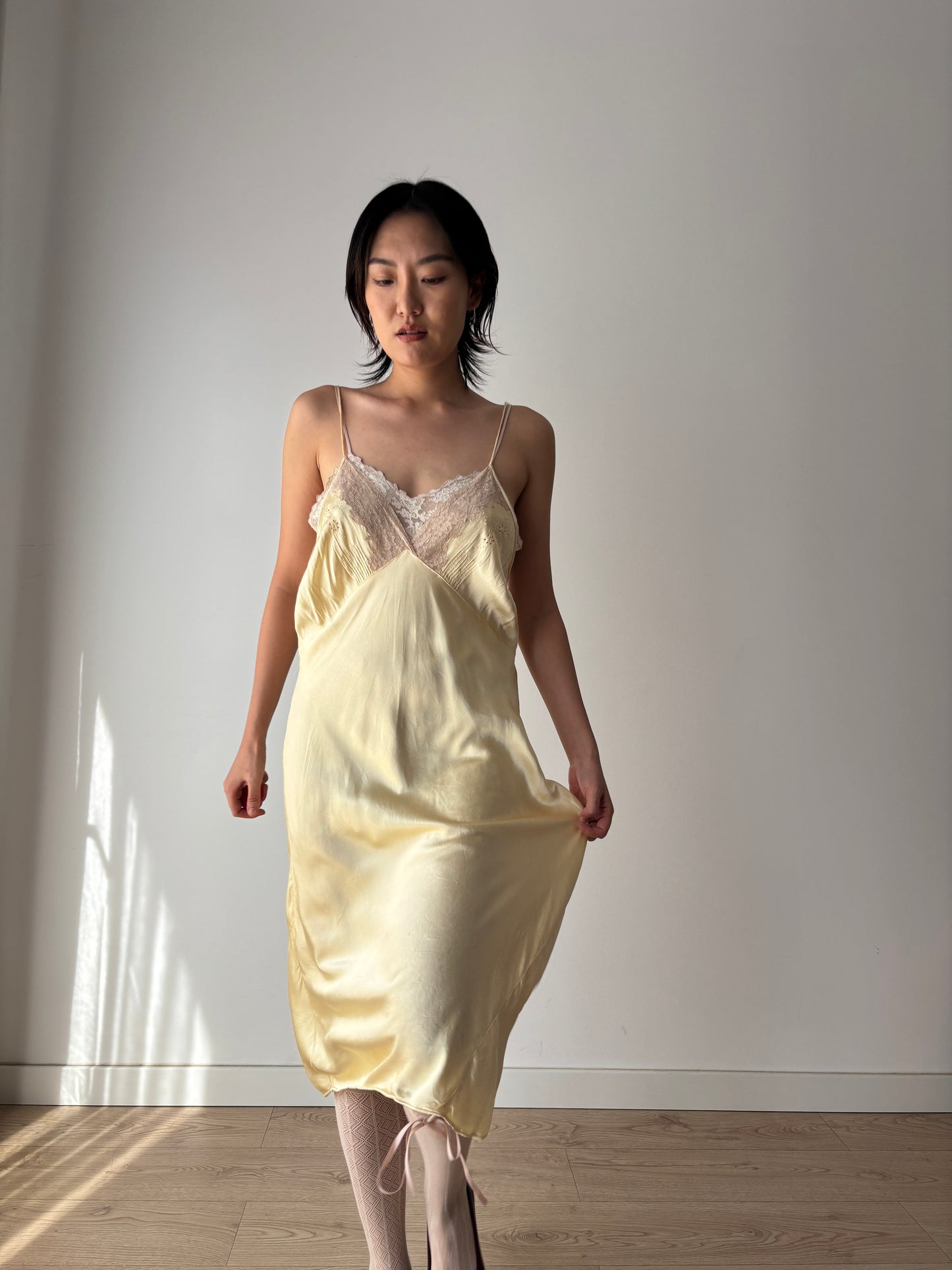 1930s–1940s Antique Yellow Silk Slip Dress – Liquid Silk Mini with Lace