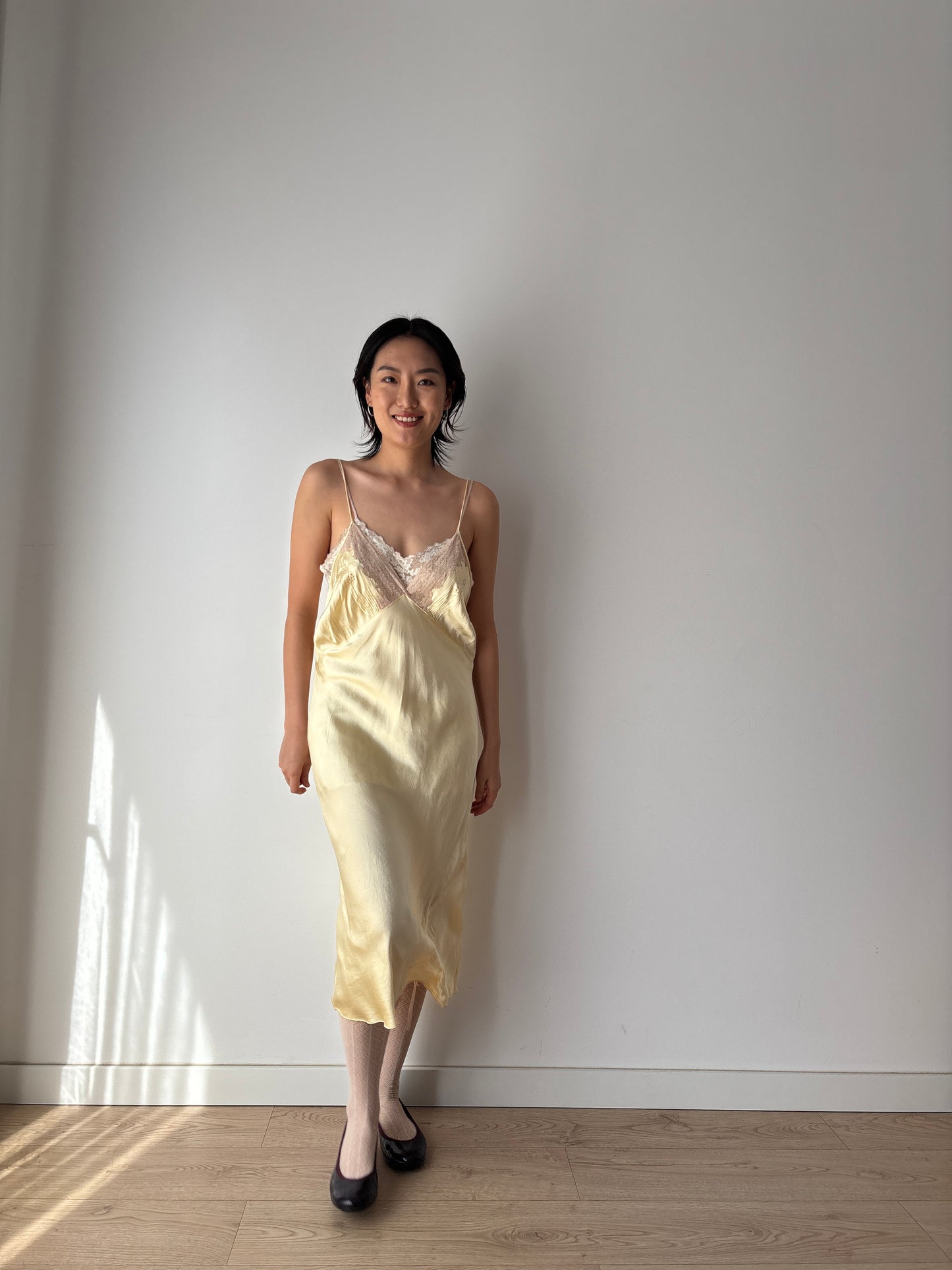 1930s–1940s Antique Yellow Silk Slip Dress – Liquid Silk Mini with Lace