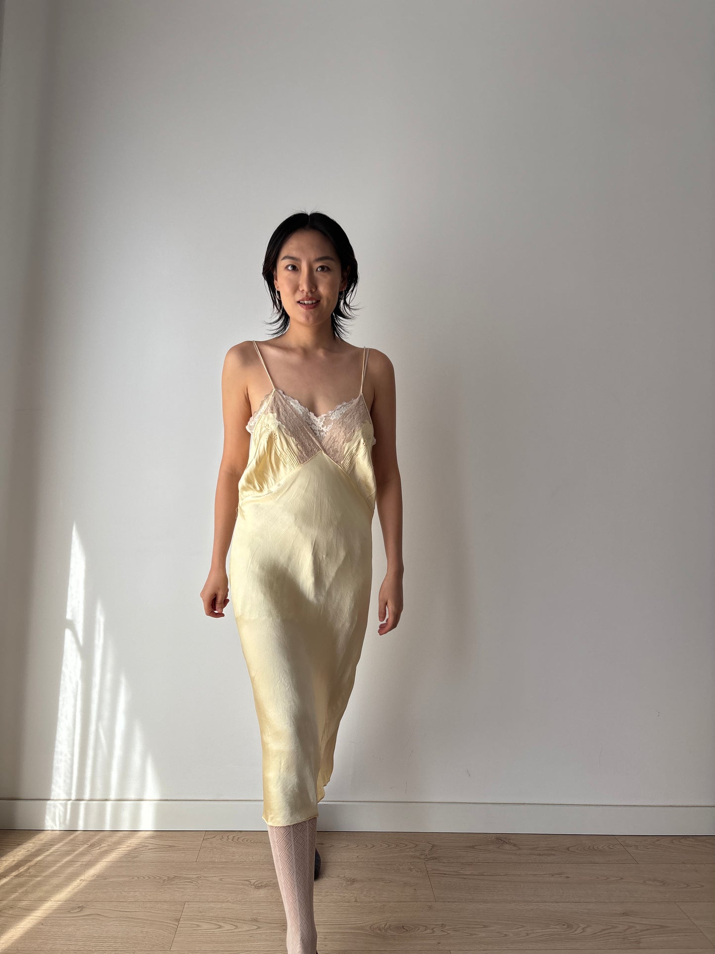 1930s–1940s Antique Yellow Silk Slip Dress – Liquid Silk Mini with Lace