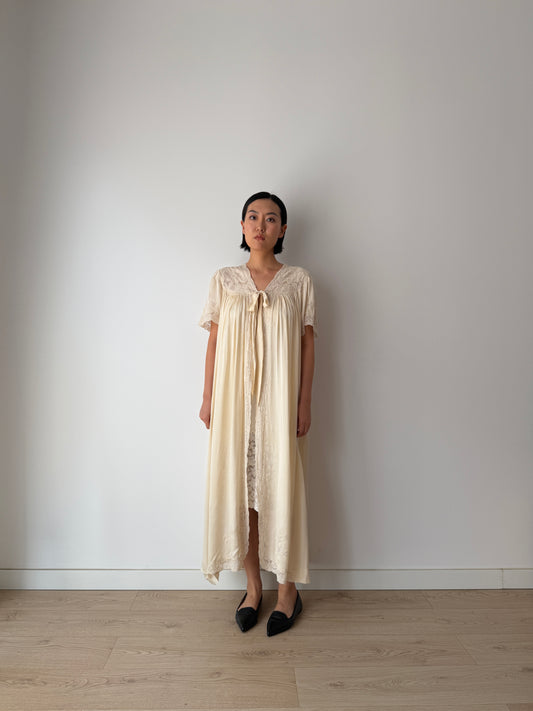 1930s Ivory Silk Peignoir Robe With Bow | French Lace Detail Boudoir Dressing Gown