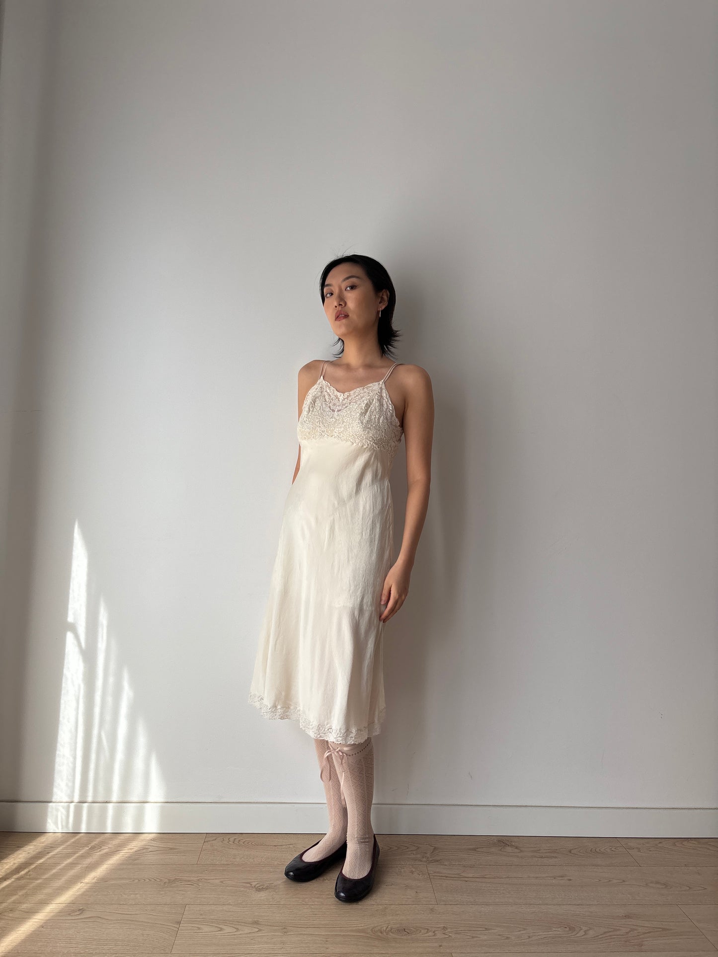 1930s Vintage White Silk Lace Slip Dress