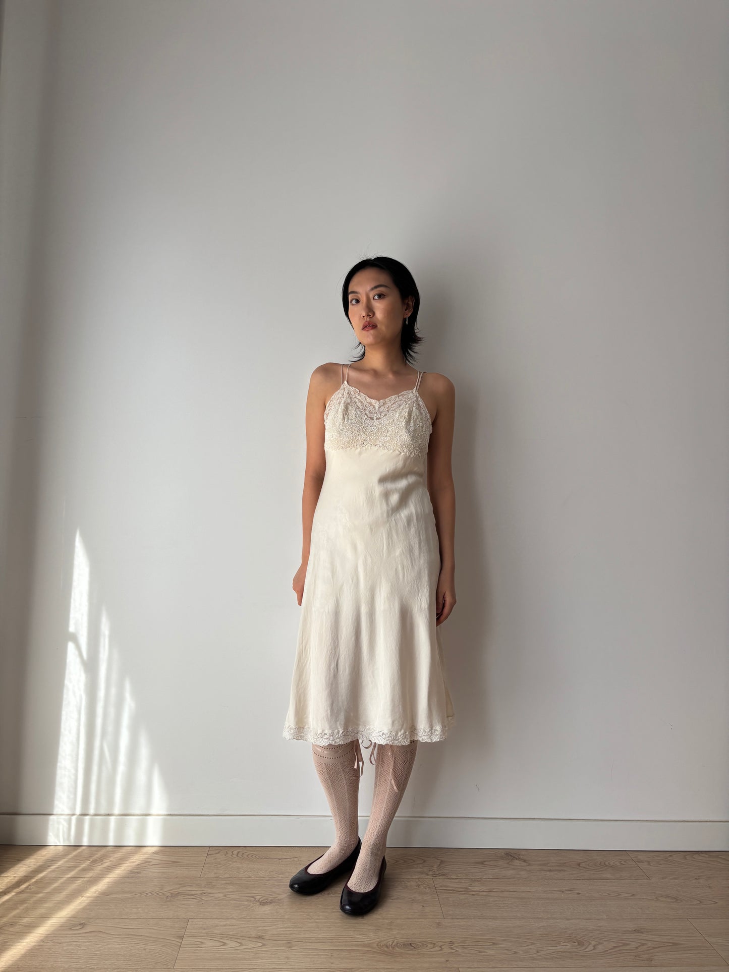 1930s Vintage White Silk Lace Slip Dress