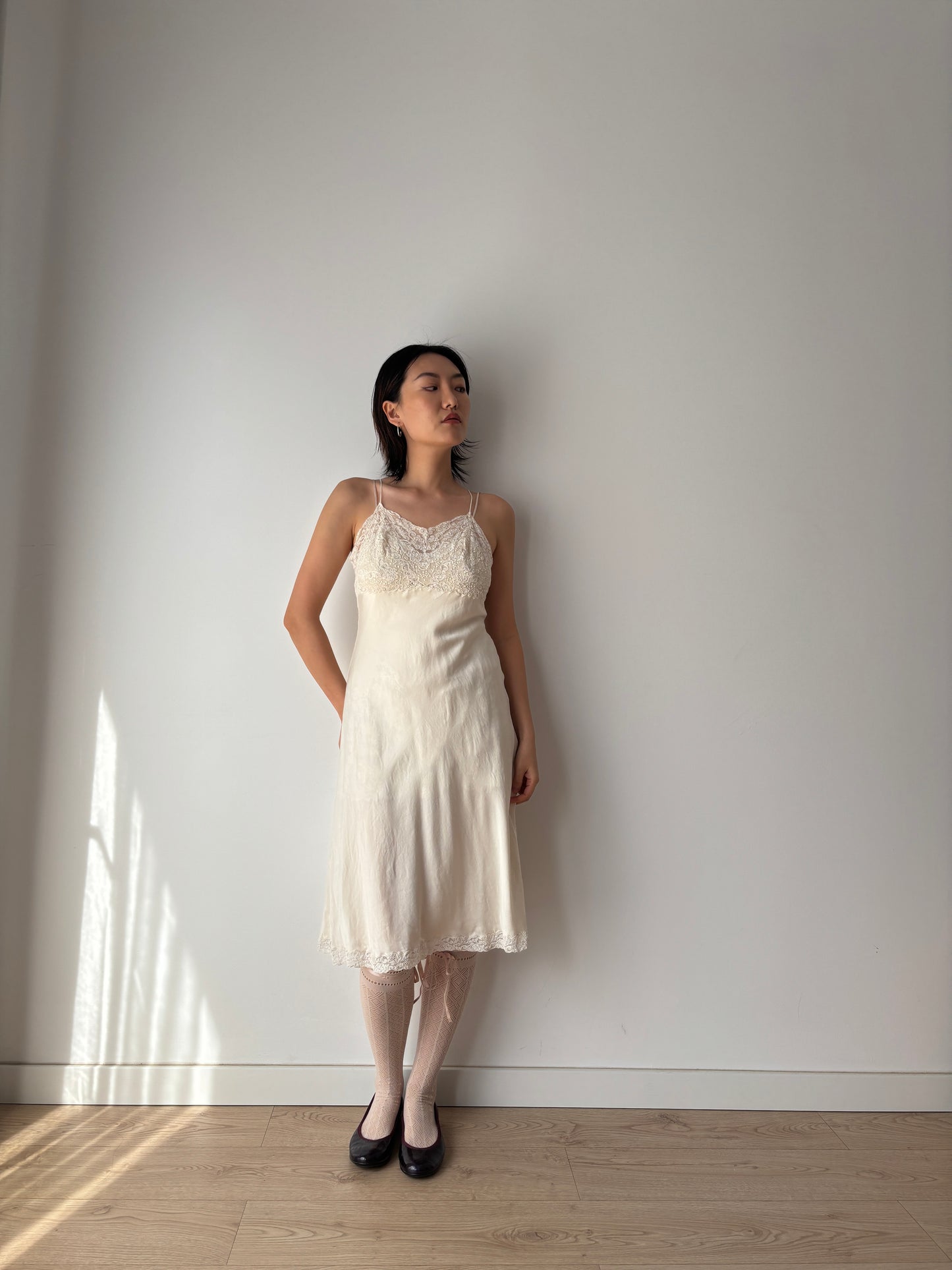 1930s Vintage White Silk Lace Slip Dress