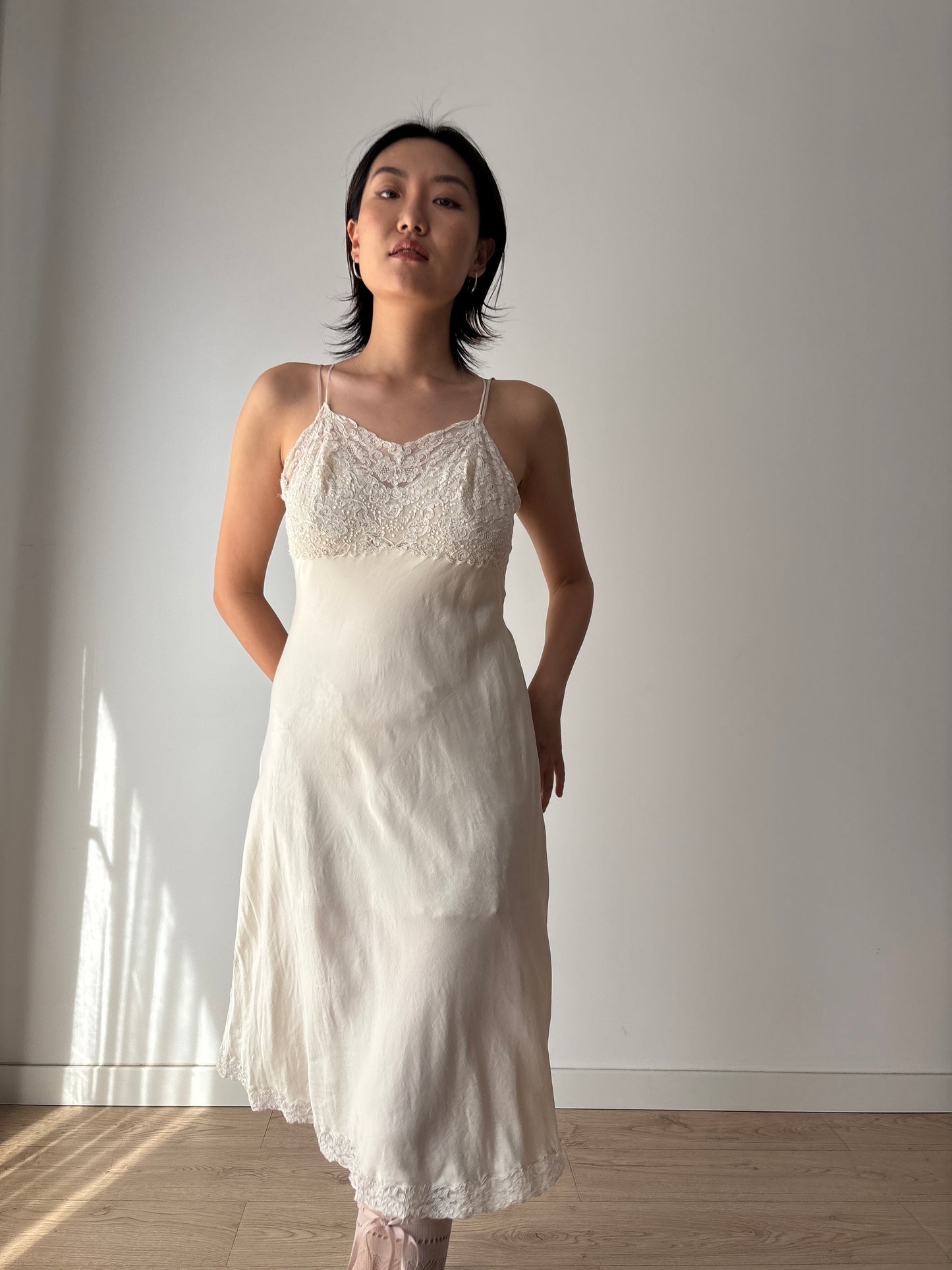 1930s Vintage White Silk Lace Slip Dress