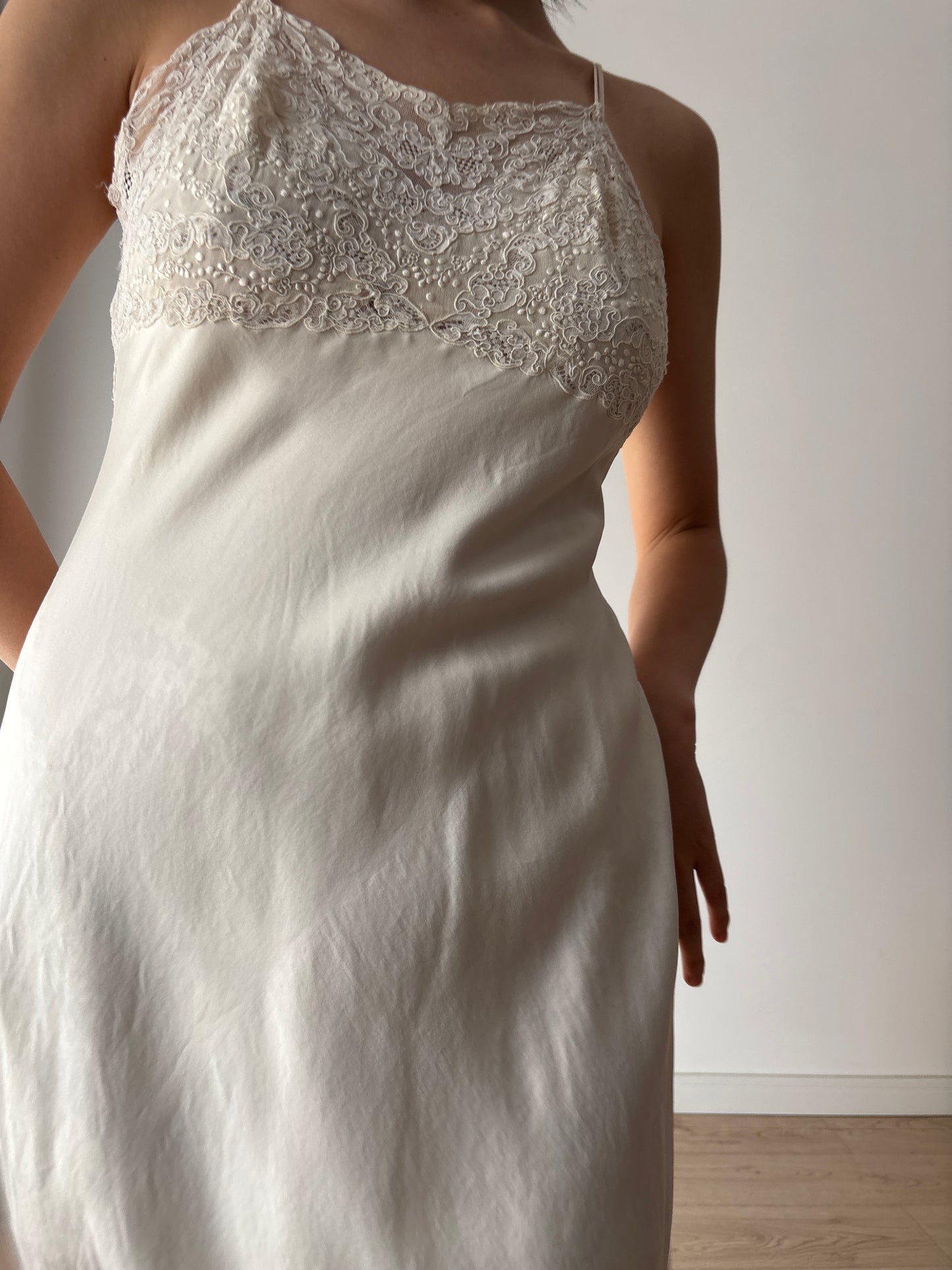 1930s Vintage White Silk Lace Slip Dress