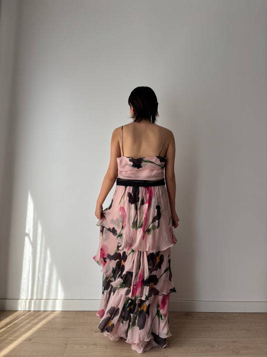 Moschino Vintage 2000s Y2K Silk Chiffon Dress, Floral Print Fairy Maxi Dress