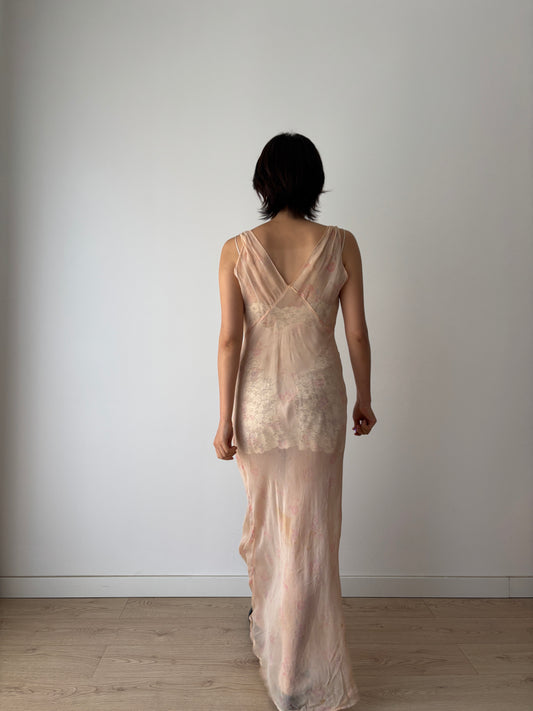 1930s Silk Floral Print Bias Cut Slip Dress, Romantic Garden Party Style