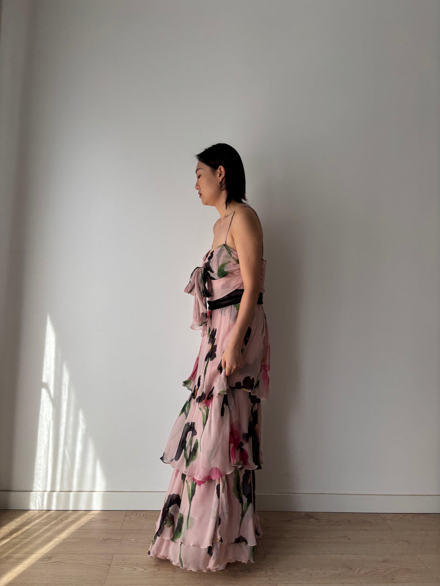 Moschino Vintage 2000s Y2K Silk Chiffon Dress, Floral Print Fairy Maxi Dress