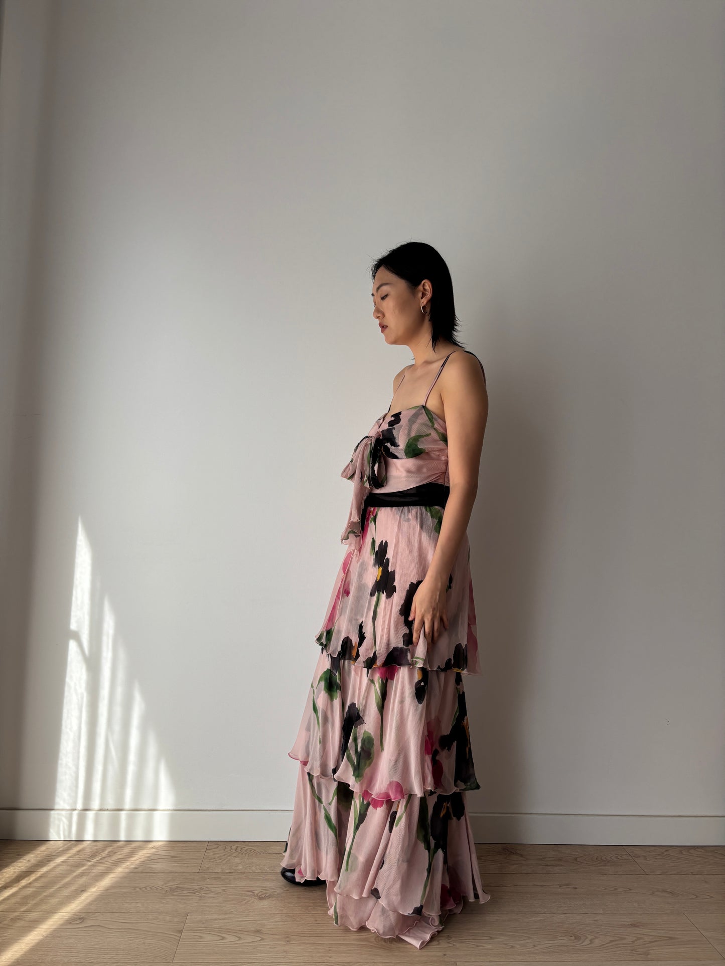 Moschino Vintage 2000s Y2K Silk Chiffon Dress, Floral Print Fairy Maxi Dress