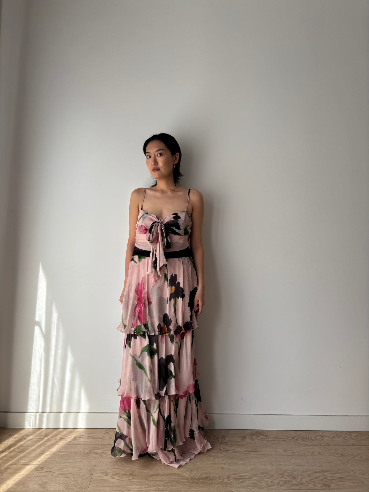 Moschino Vintage 2000s Y2K Silk Chiffon Dress, Floral Print Fairy Maxi Dress