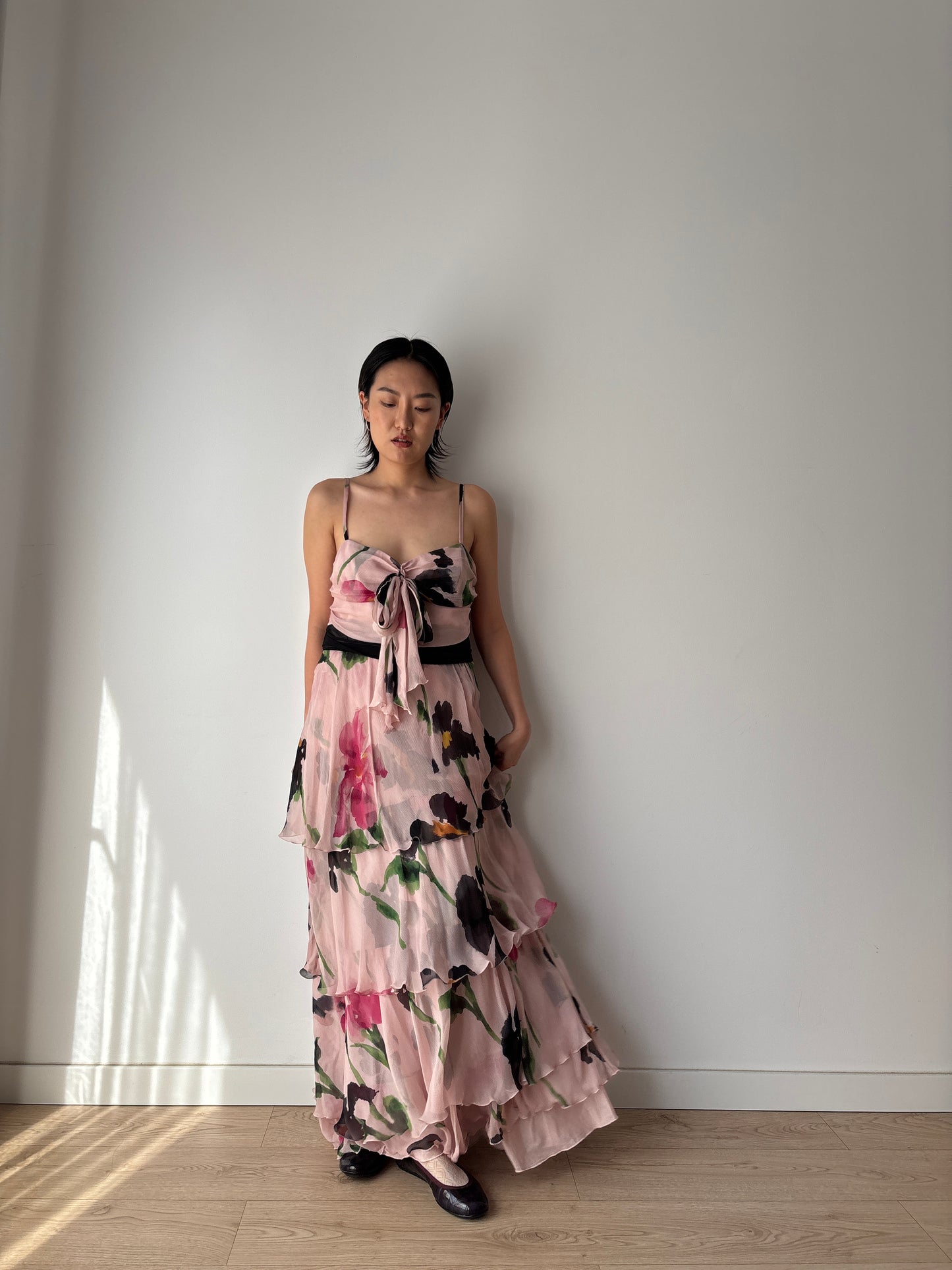 Moschino Vintage 2000s Y2K Silk Chiffon Dress, Floral Print Fairy Maxi Dress