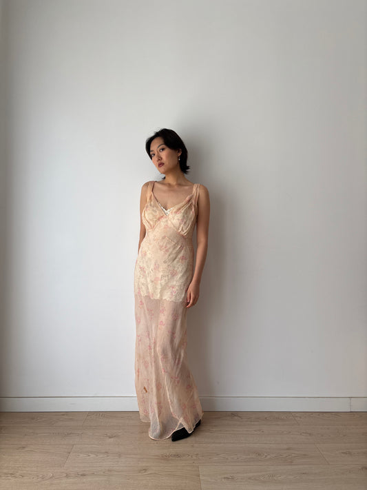 1930s Silk Floral Print Bias Cut Slip Dress, Romantic Garden Party Style
