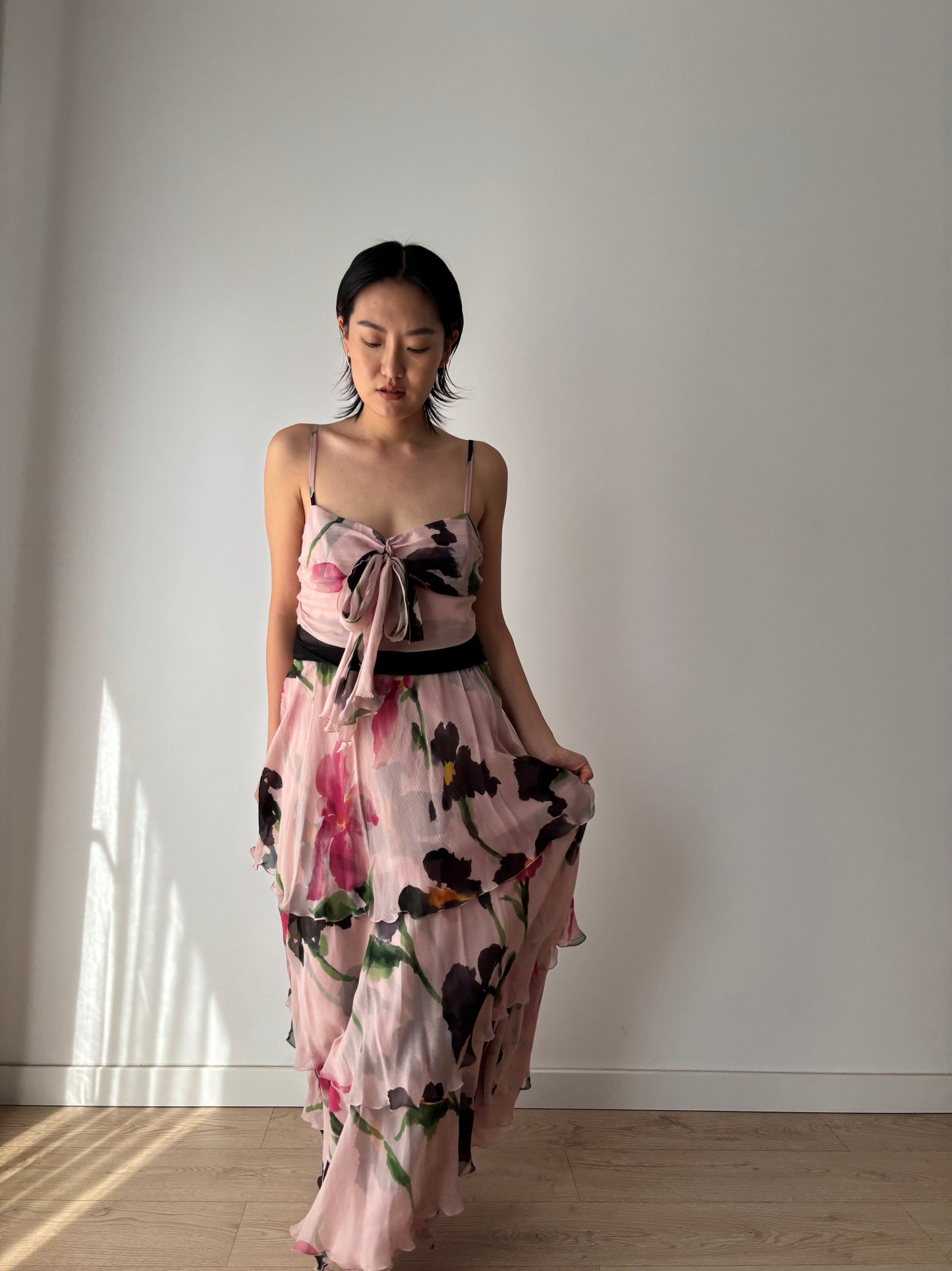 Moschino Vintage 2000s Y2K Silk Chiffon Dress, Floral Print Fairy Maxi Dress