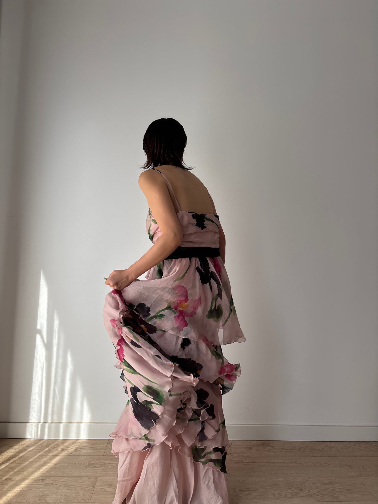 Moschino Vintage 2000s Y2K Silk Chiffon Dress, Floral Print Fairy Maxi Dress