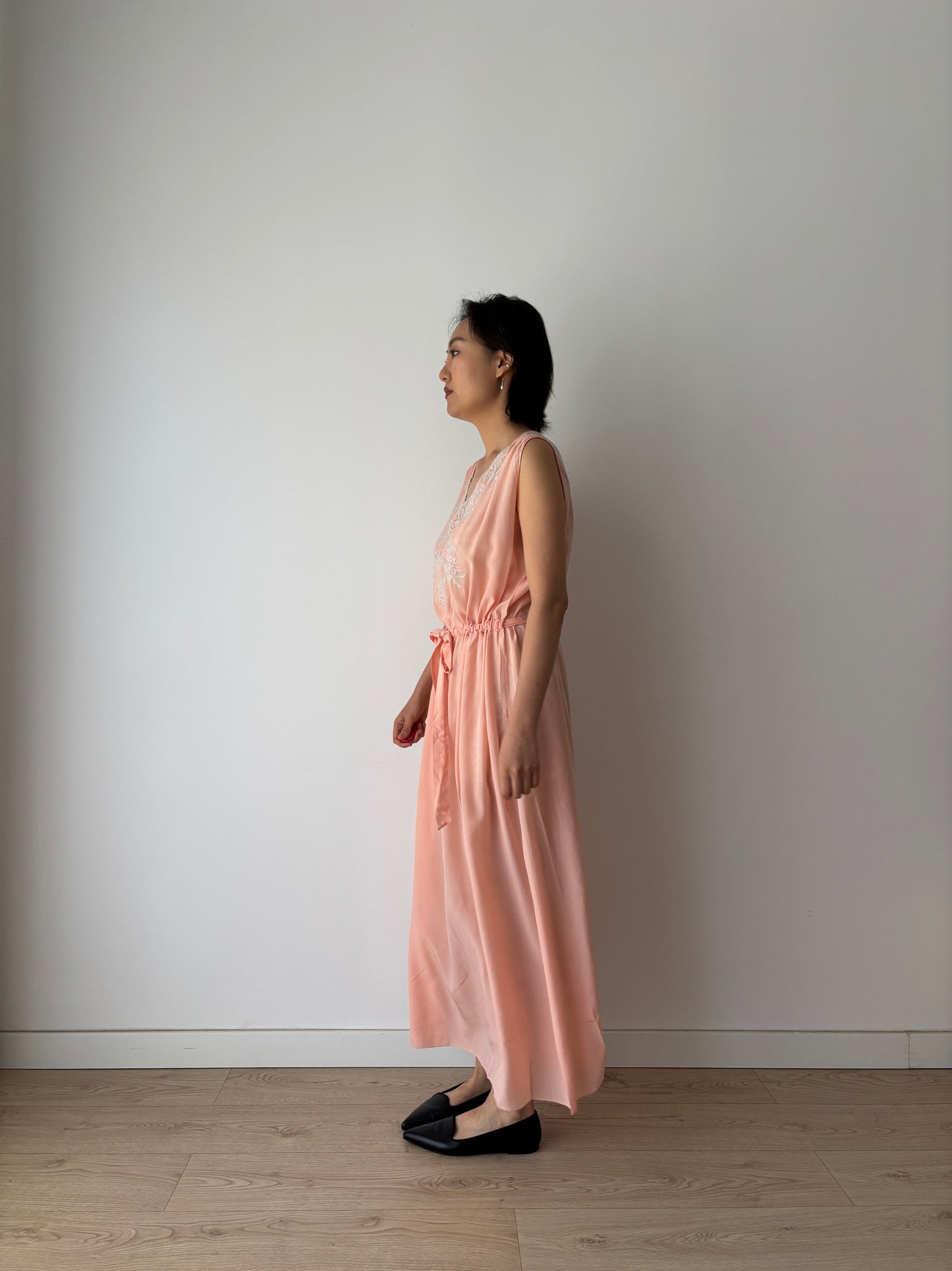 Antique 1940s french lace liquid silk crepe nightdress in pink