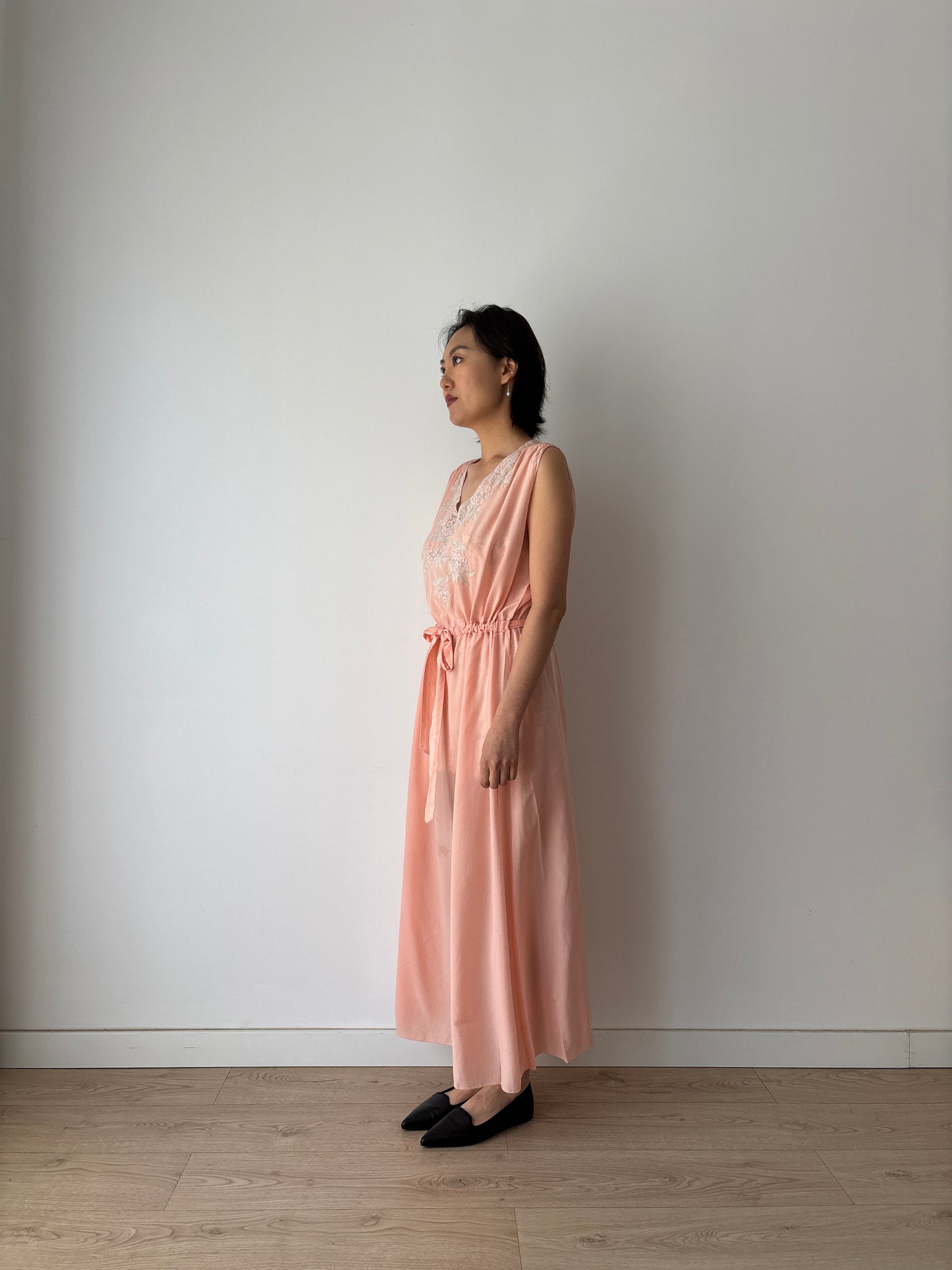 Antique 1940s french lace liquid silk crepe nightdress in pink