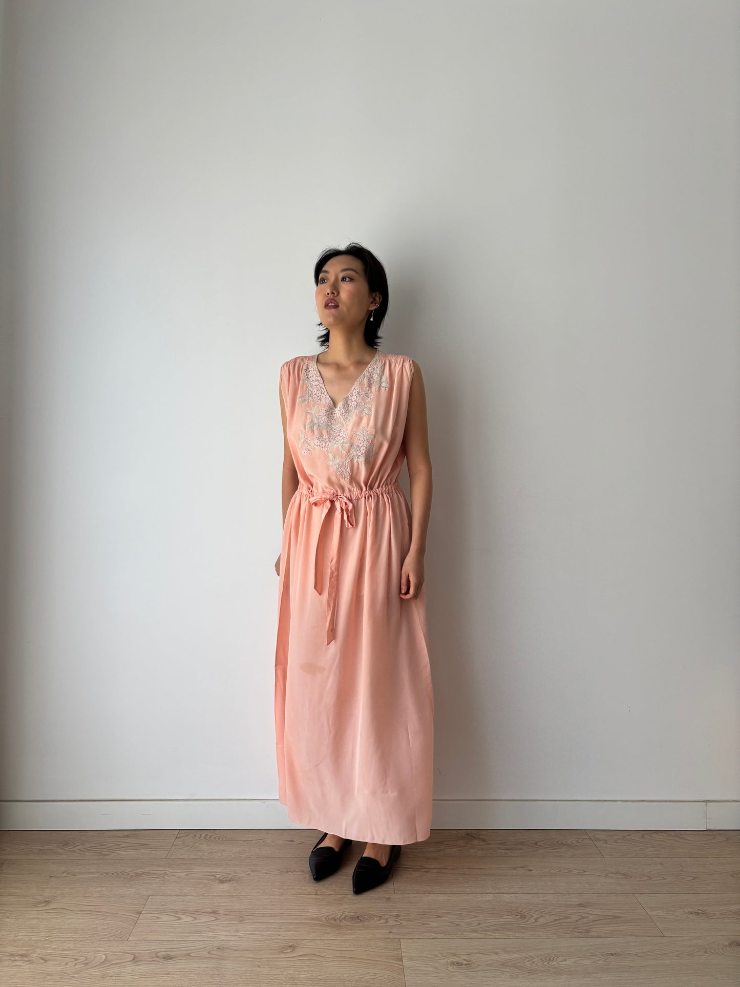 Antique 1940s french lace liquid silk crepe nightdress in pink