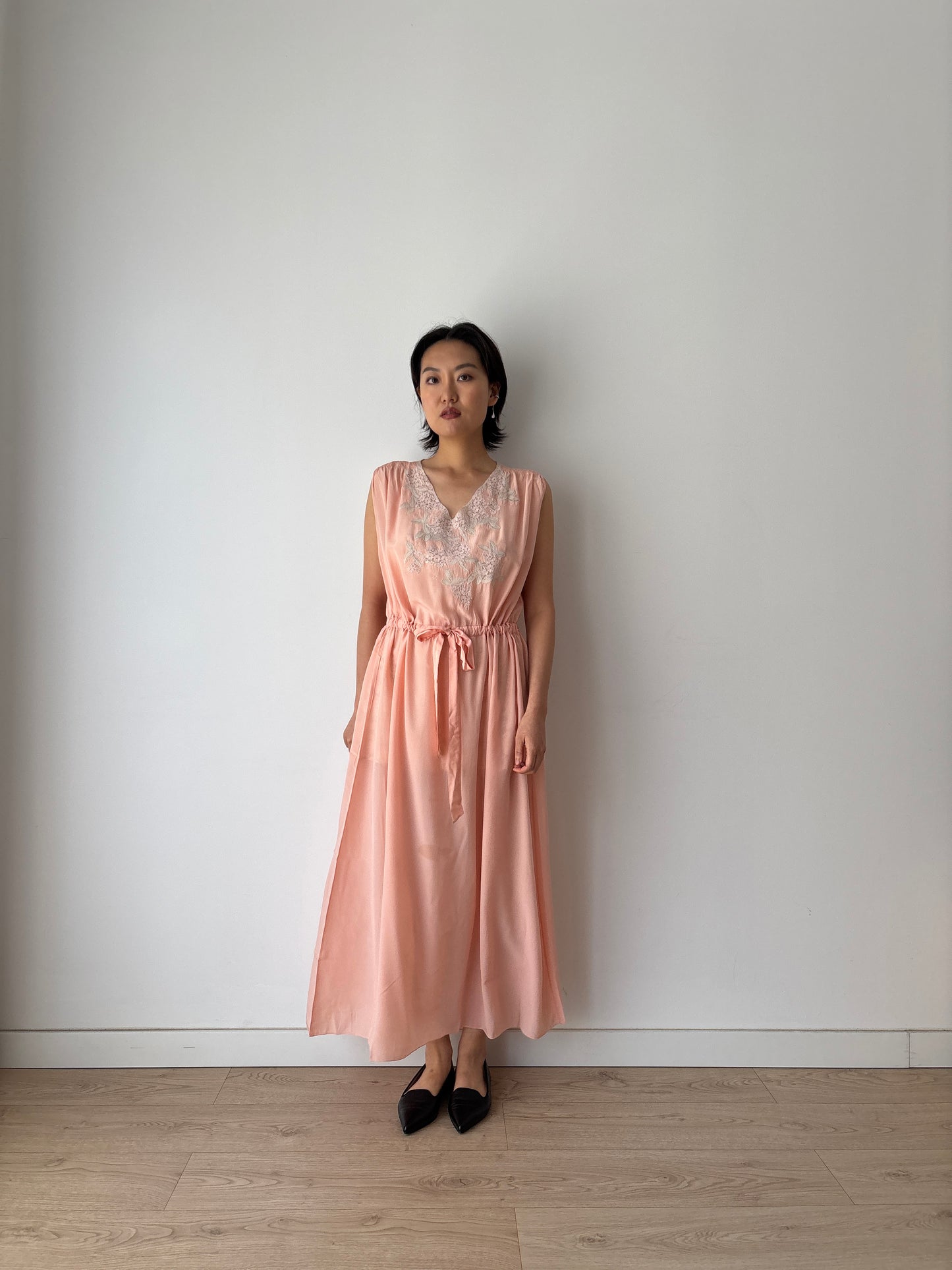 Antique 1940s french lace liquid silk crepe nightdress in pink