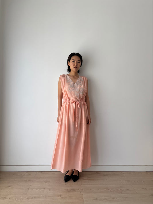 Antique 1940s french lace liquid silk crepe nightdress in pink