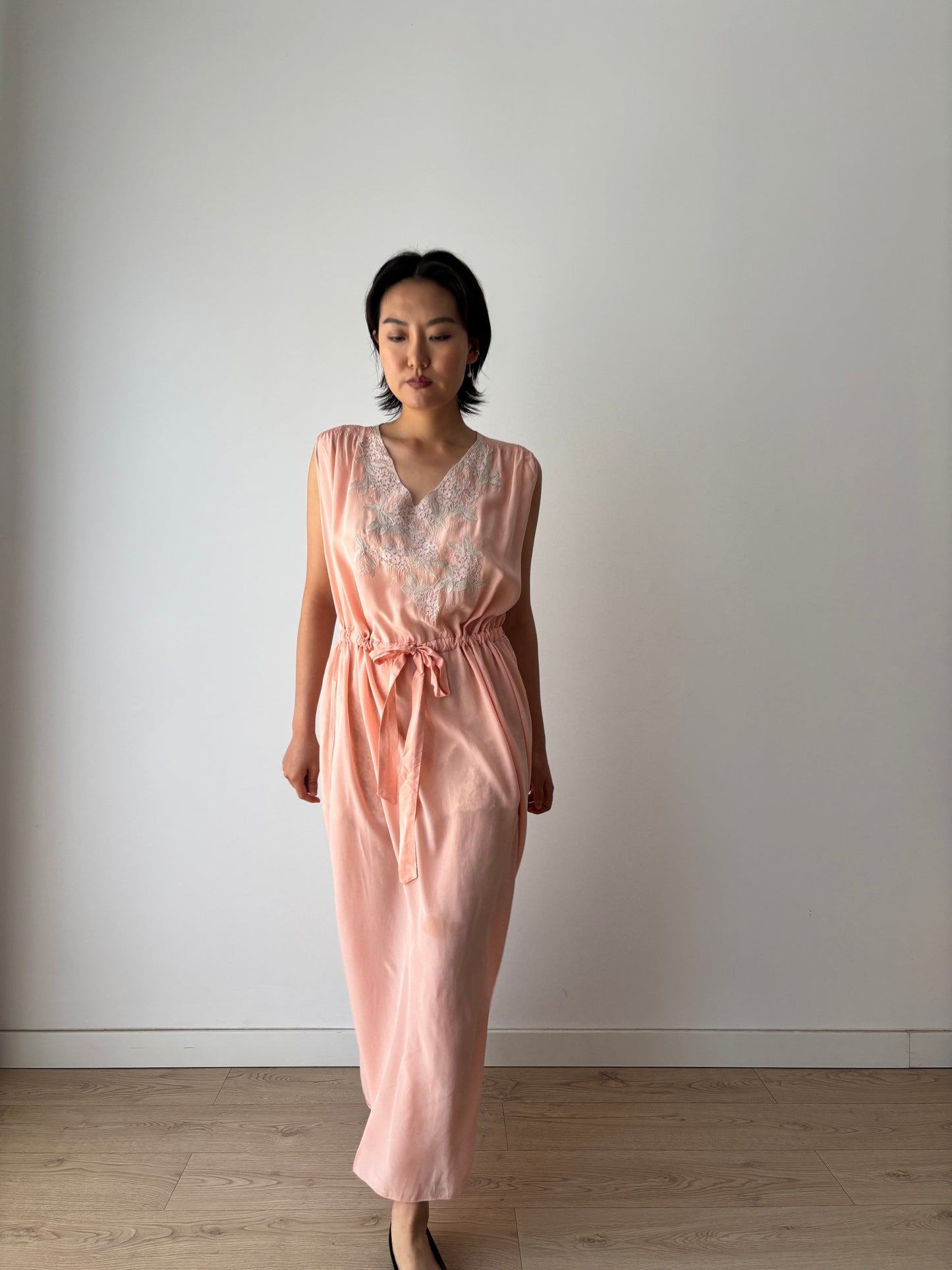 Antique 1940s french lace liquid silk crepe nightdress in pink