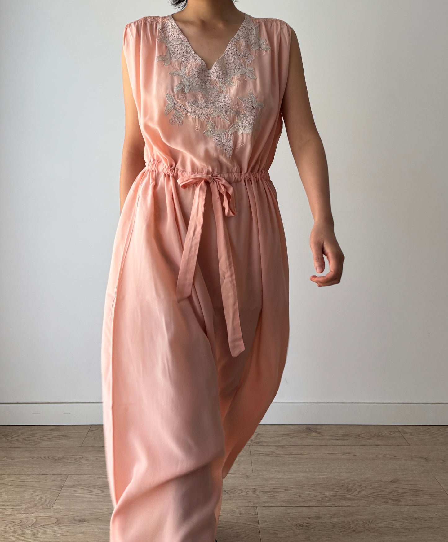 Antique 1940s french lace liquid silk crepe nightdress in pink