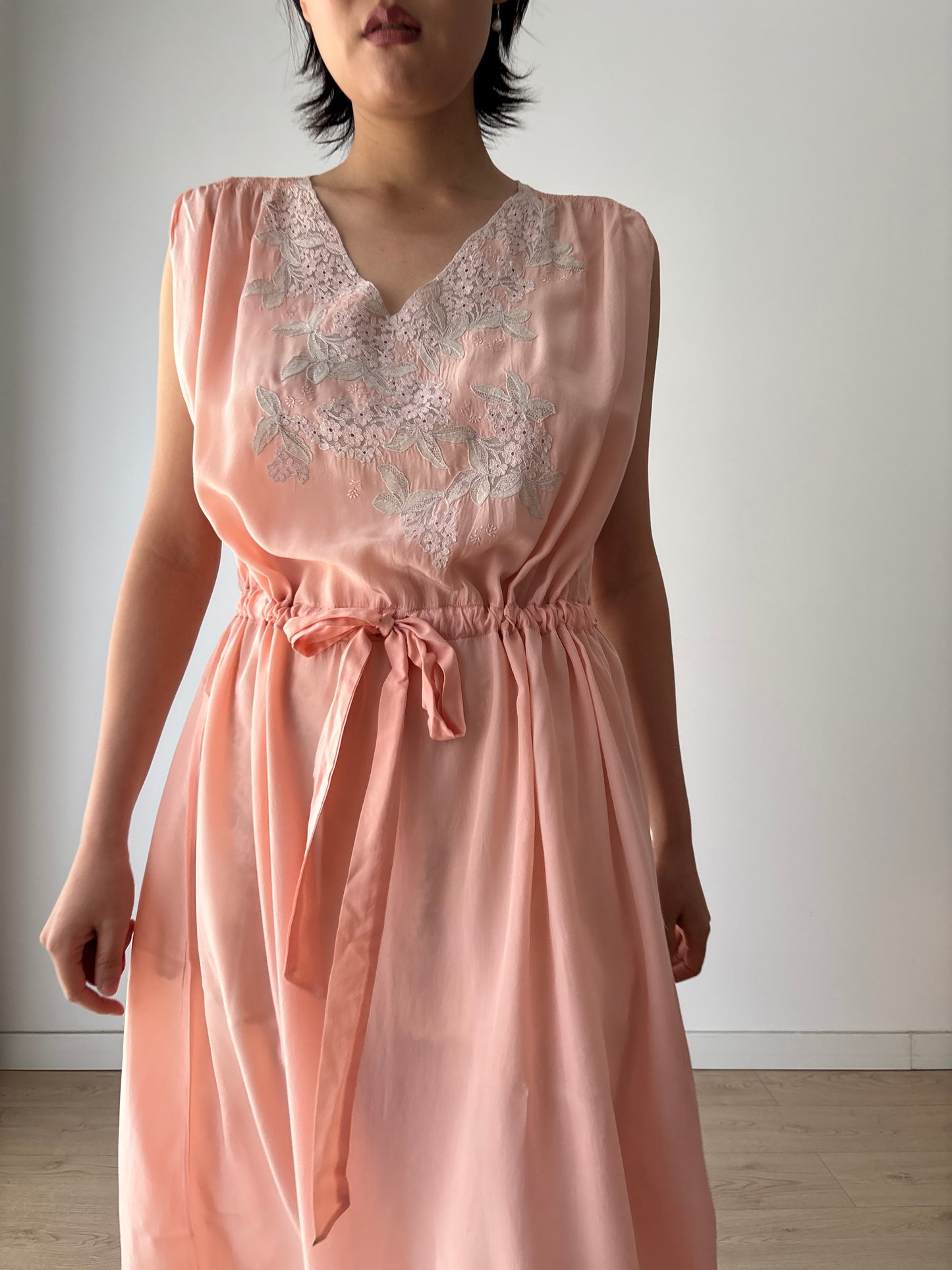 Antique 1940s french lace liquid silk crepe nightdress in pink