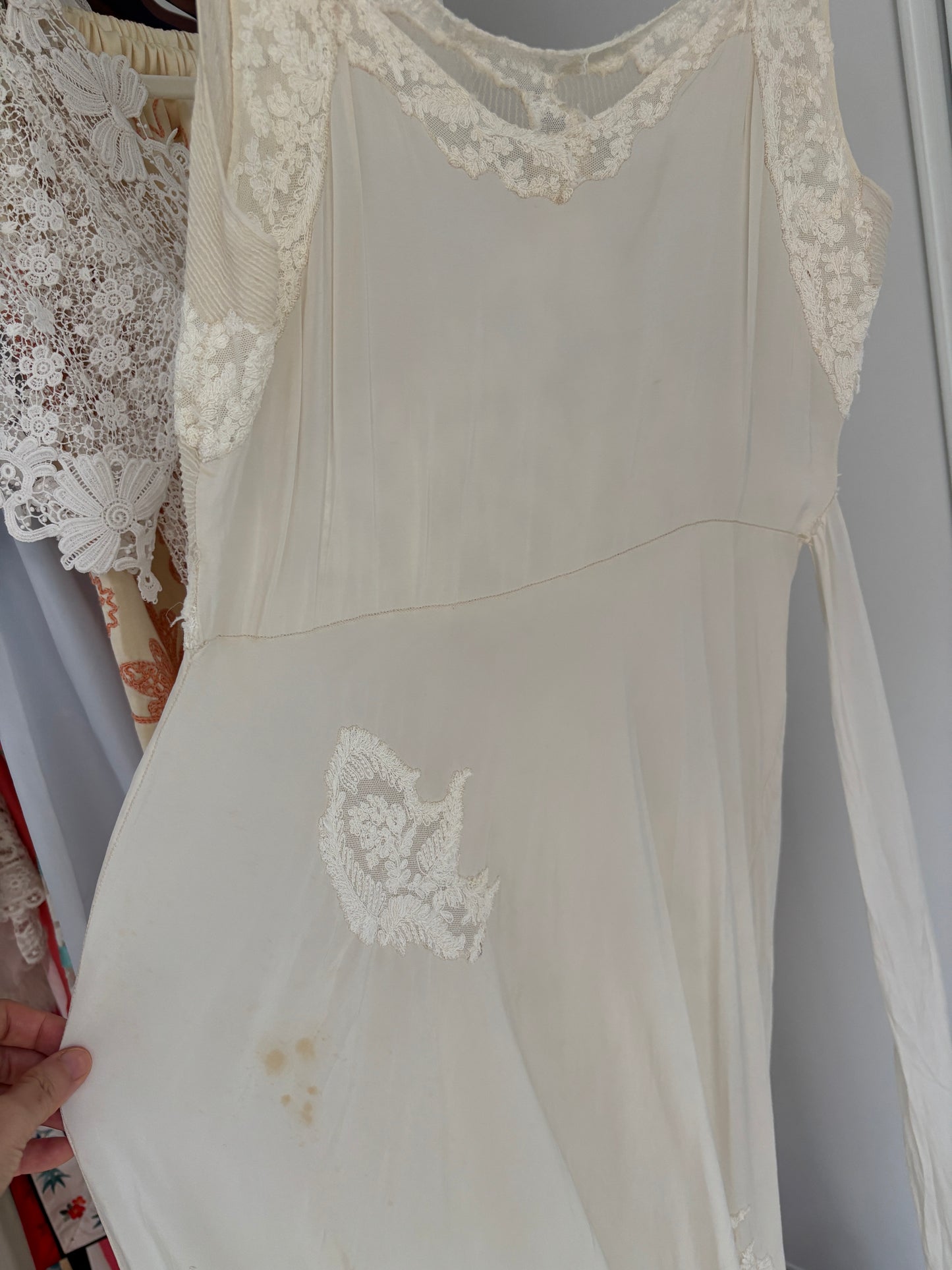 1930s Pure Silk Chiffon Lace Bridal Dress: Antique Bias Cut Nightgown